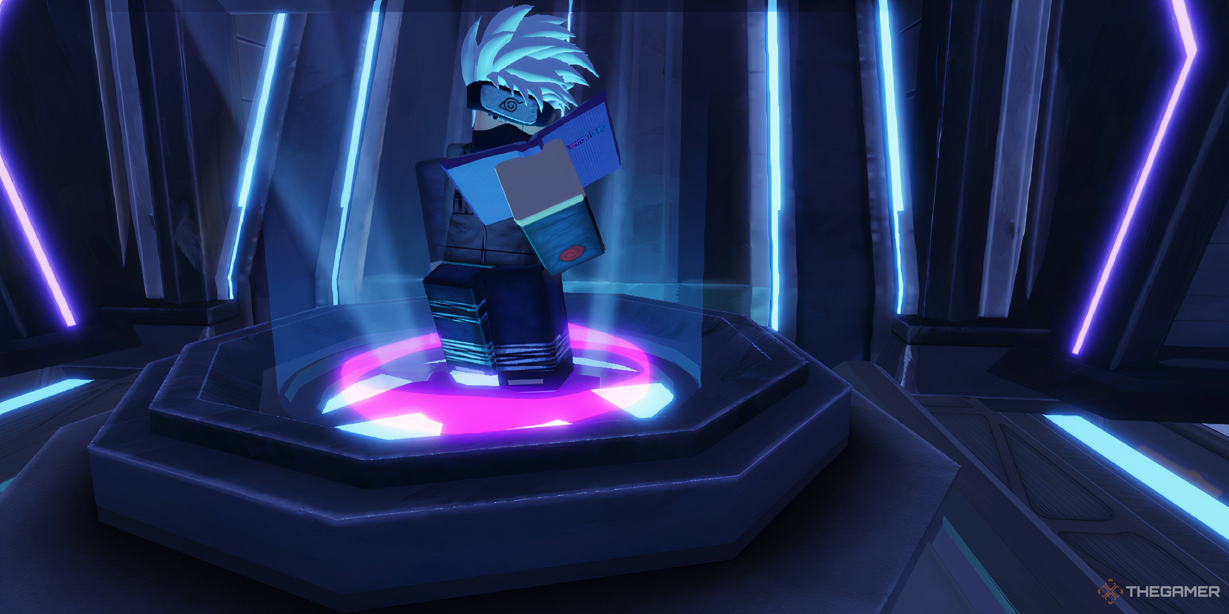 An NPC reading a book while standing on a platform in Roblox: Anime Vanguards.