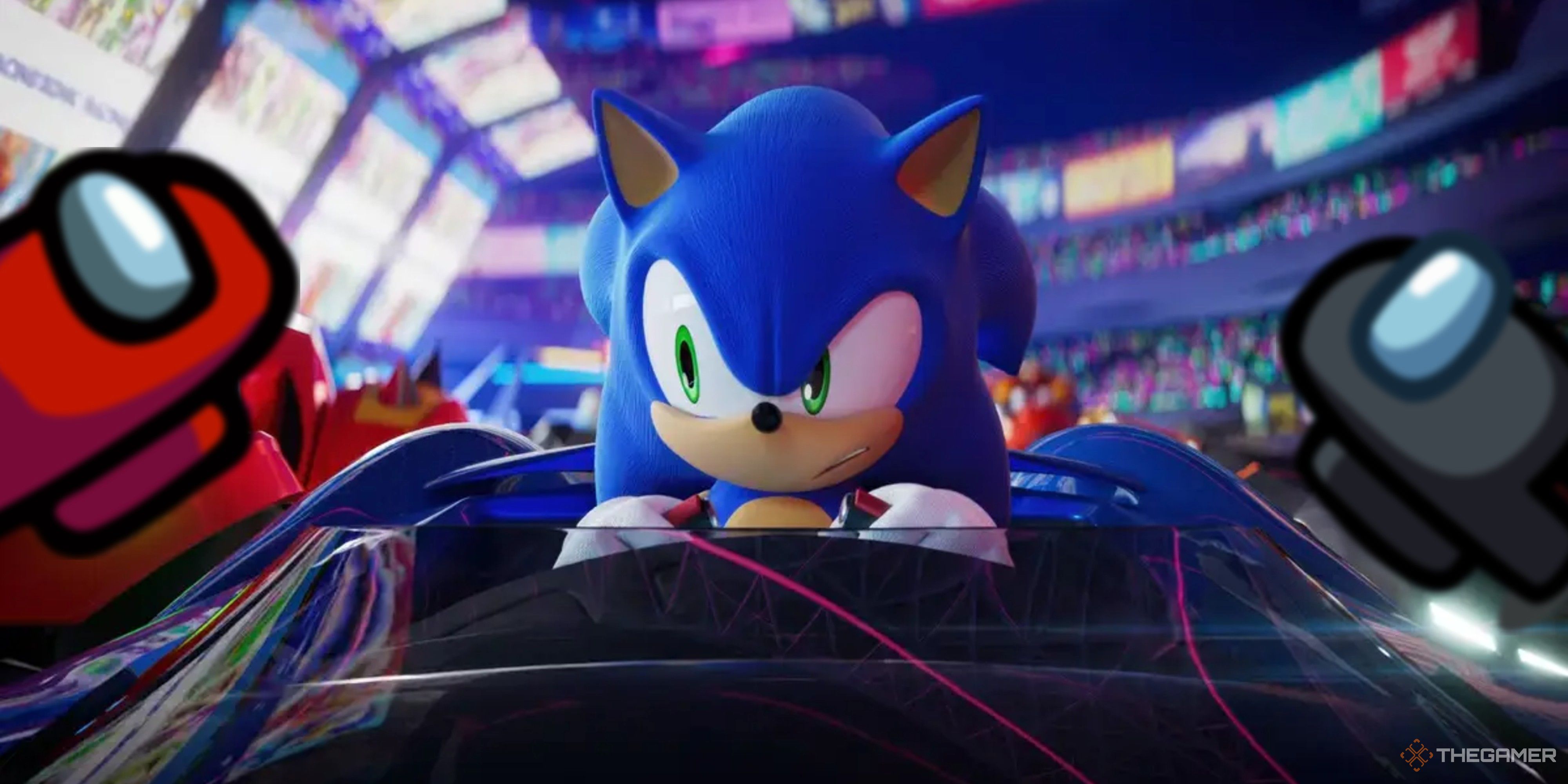 sonic surrounded by among us crewmates in sonic racing crossworlds.
