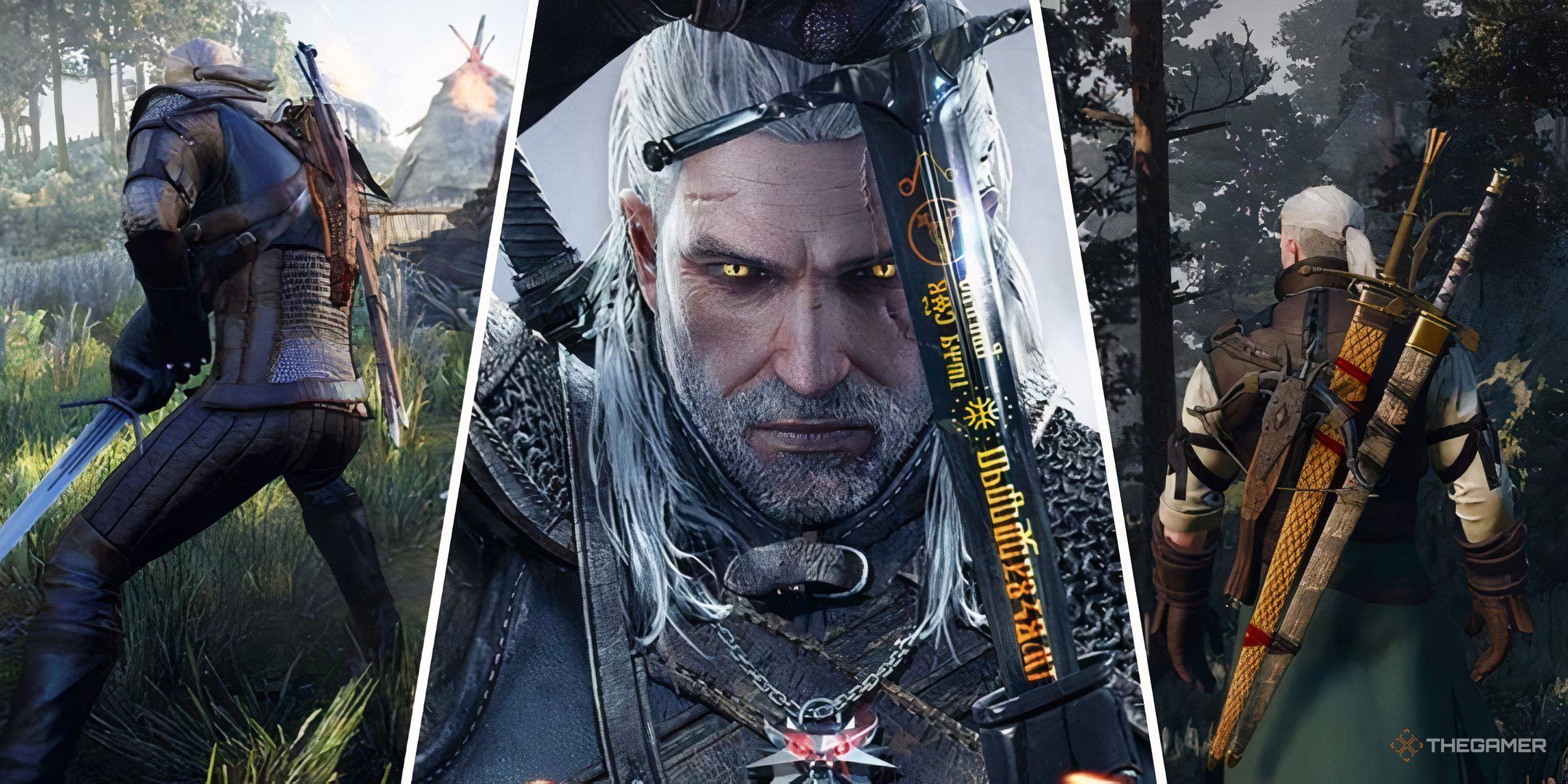 Split images of Geralt holding swords in The Witcher 3.