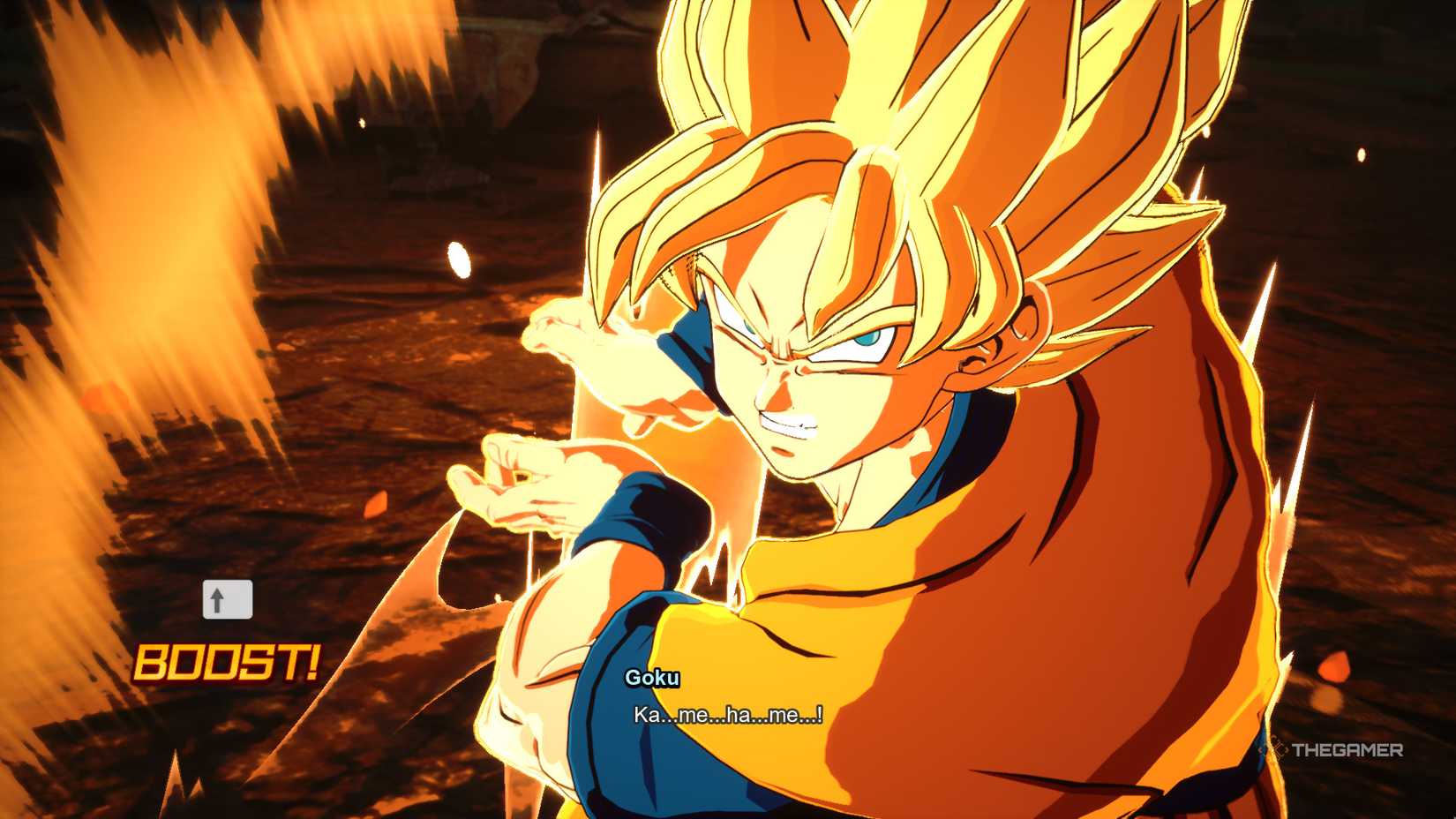 Super Saiyan Goku performing an Instant Transmission Kamehameha in Dragon Ball: Sparling Zero.
