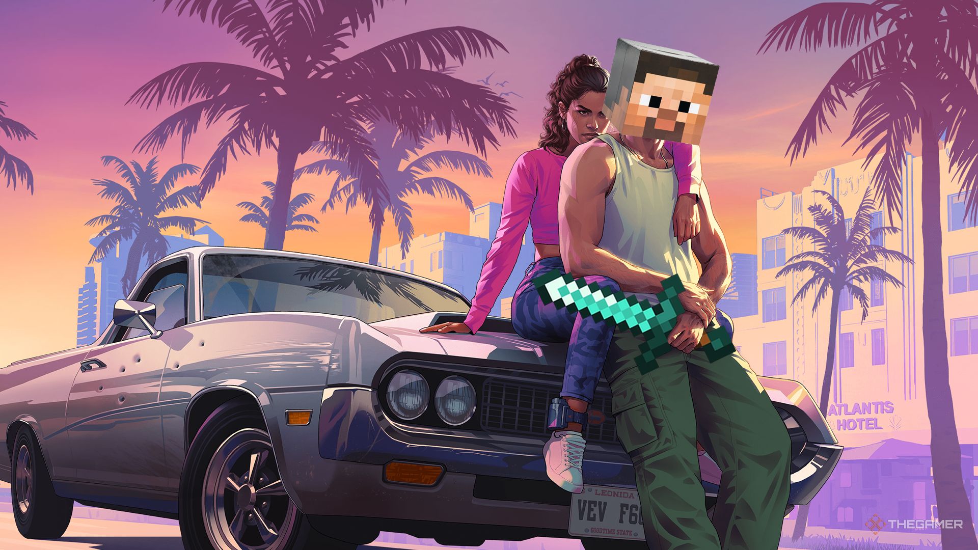 GTA6 key art with minecraft head and diamond sword on the character