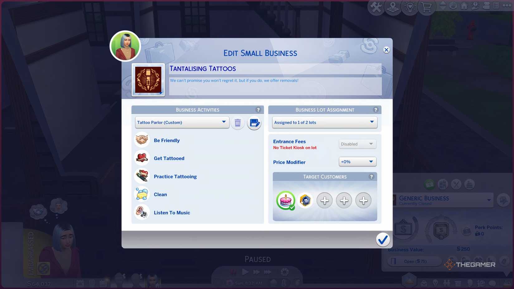 A menu that shows a custom small business for a tattoo studio in Sims 4 companies and hobbies.