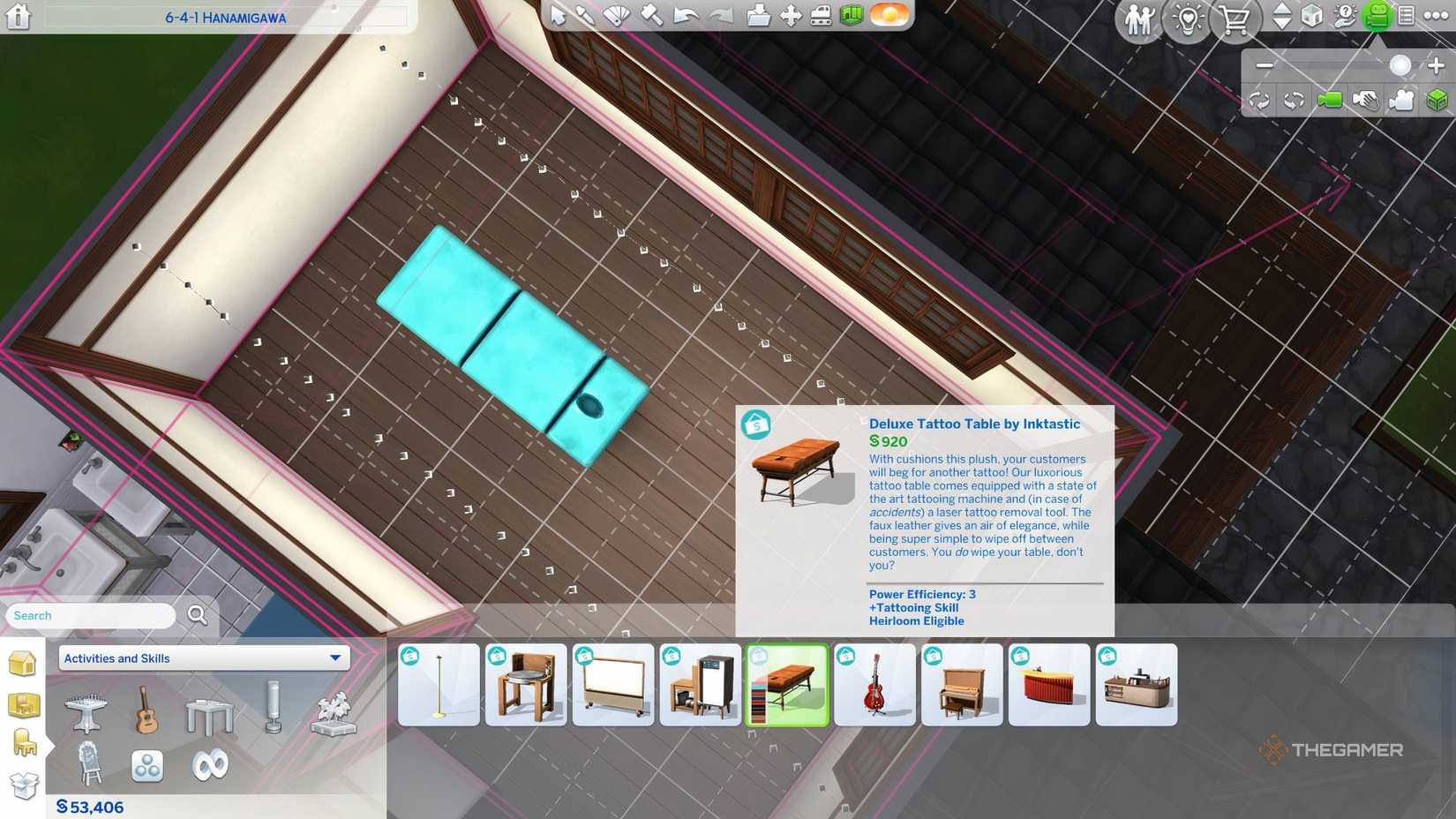 A BUY mode view of a tattoo table in Sims 4 companies and hobbies showing the product description.
