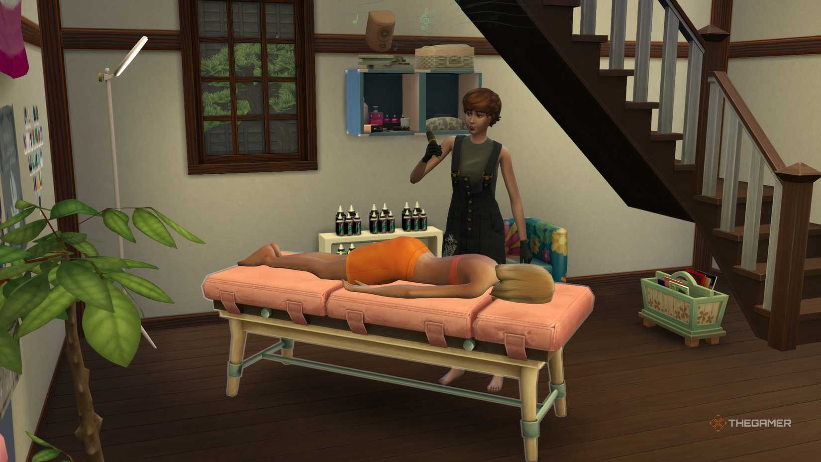 Nancy Landgrabb and a tattoo artist at a tattoo table in Sims 4 companies and hobbies.