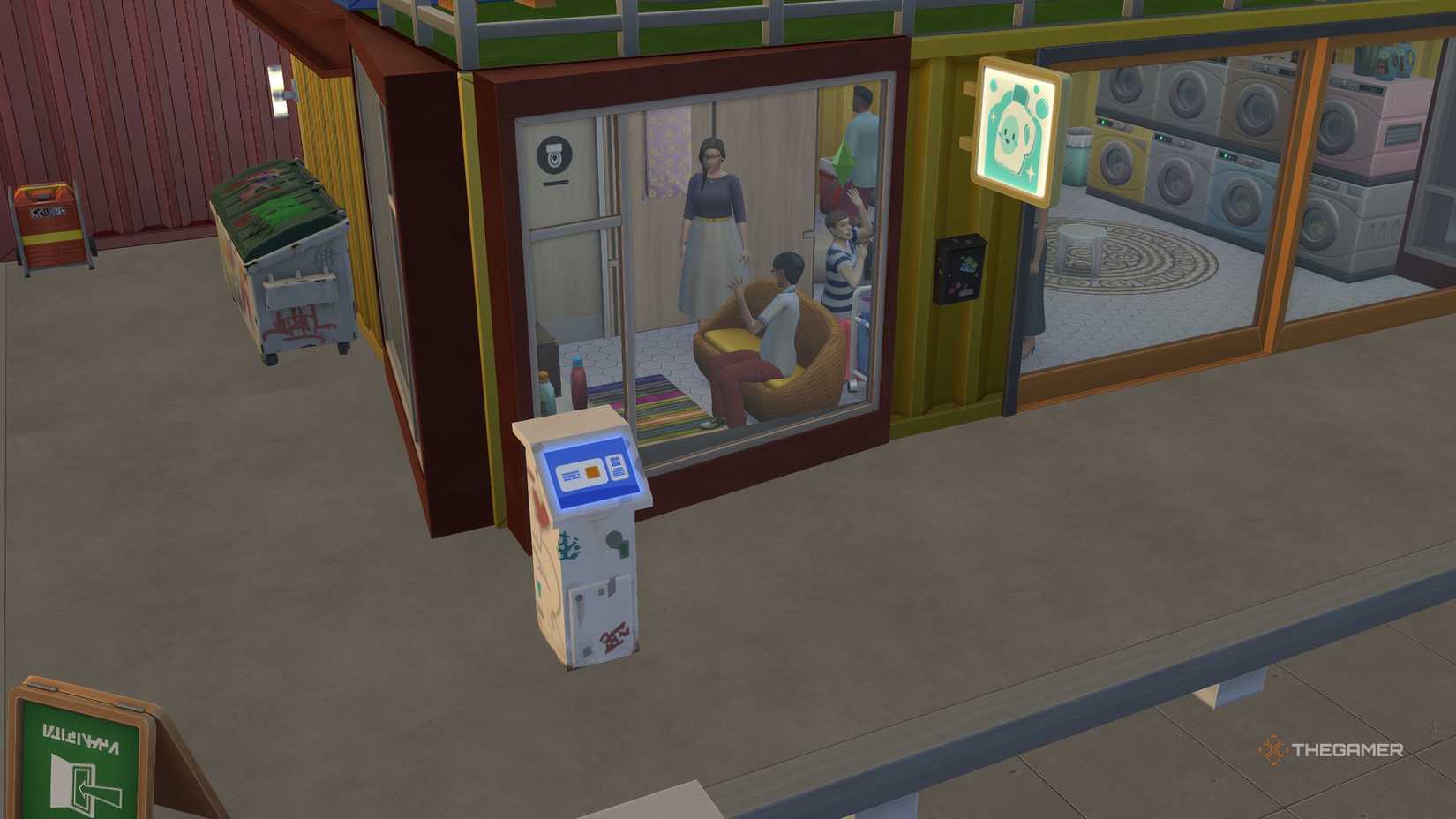 A ticket kiosk in The Sims 4 outside a washer in Evergreen Harbor. Sims can be seen inside.