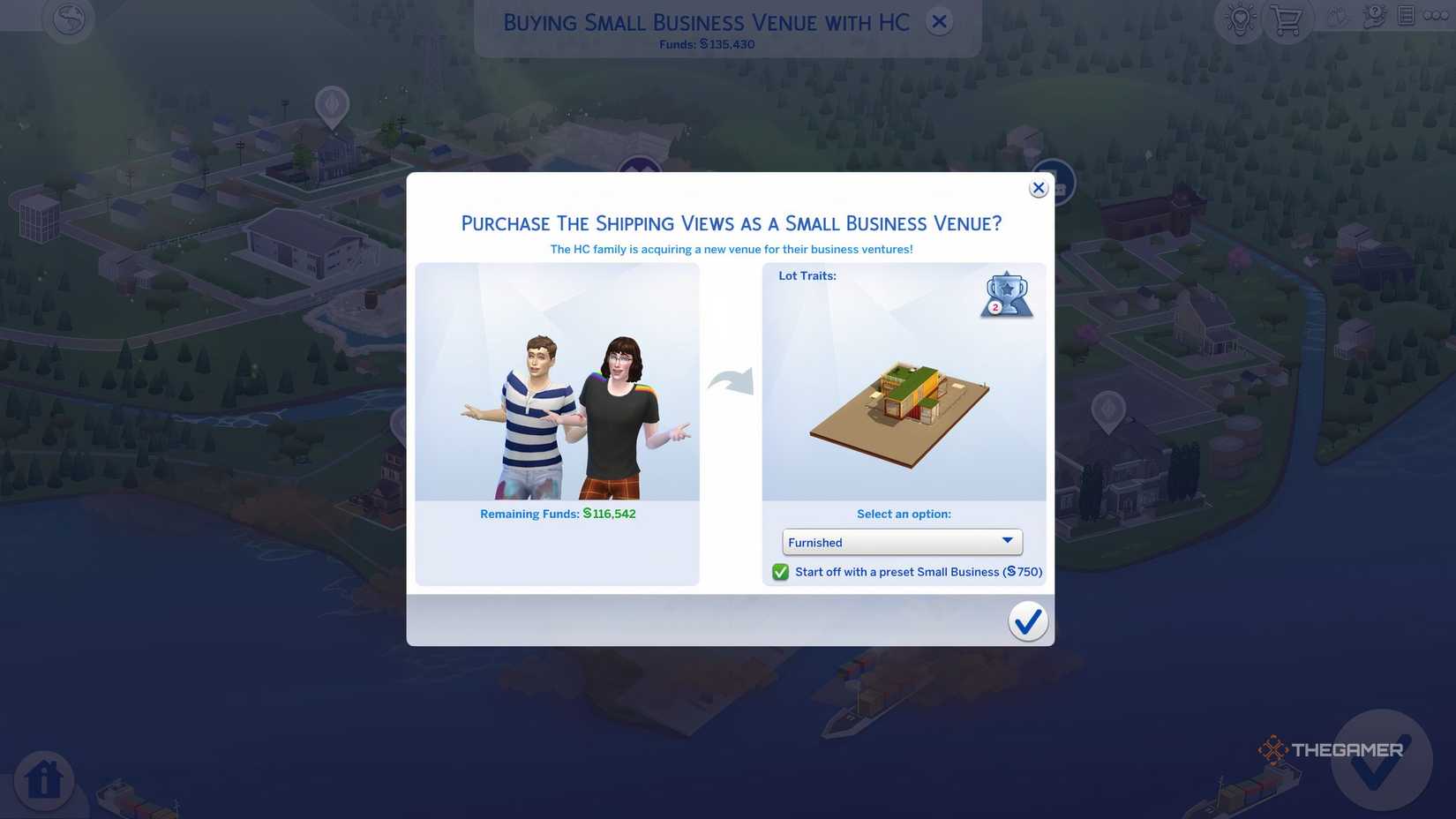 A screen that shows how to buy and register a small business place in The Sims 4.