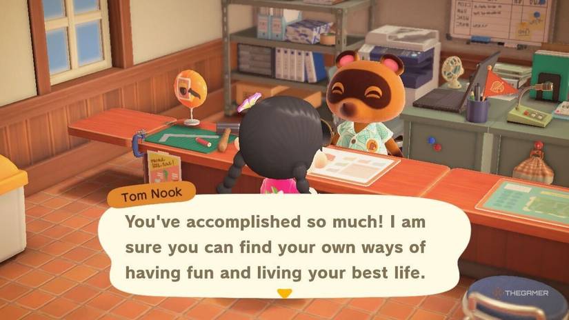 Tom Nook tells the player that she has done everything in Animal Crossing New Horizons.