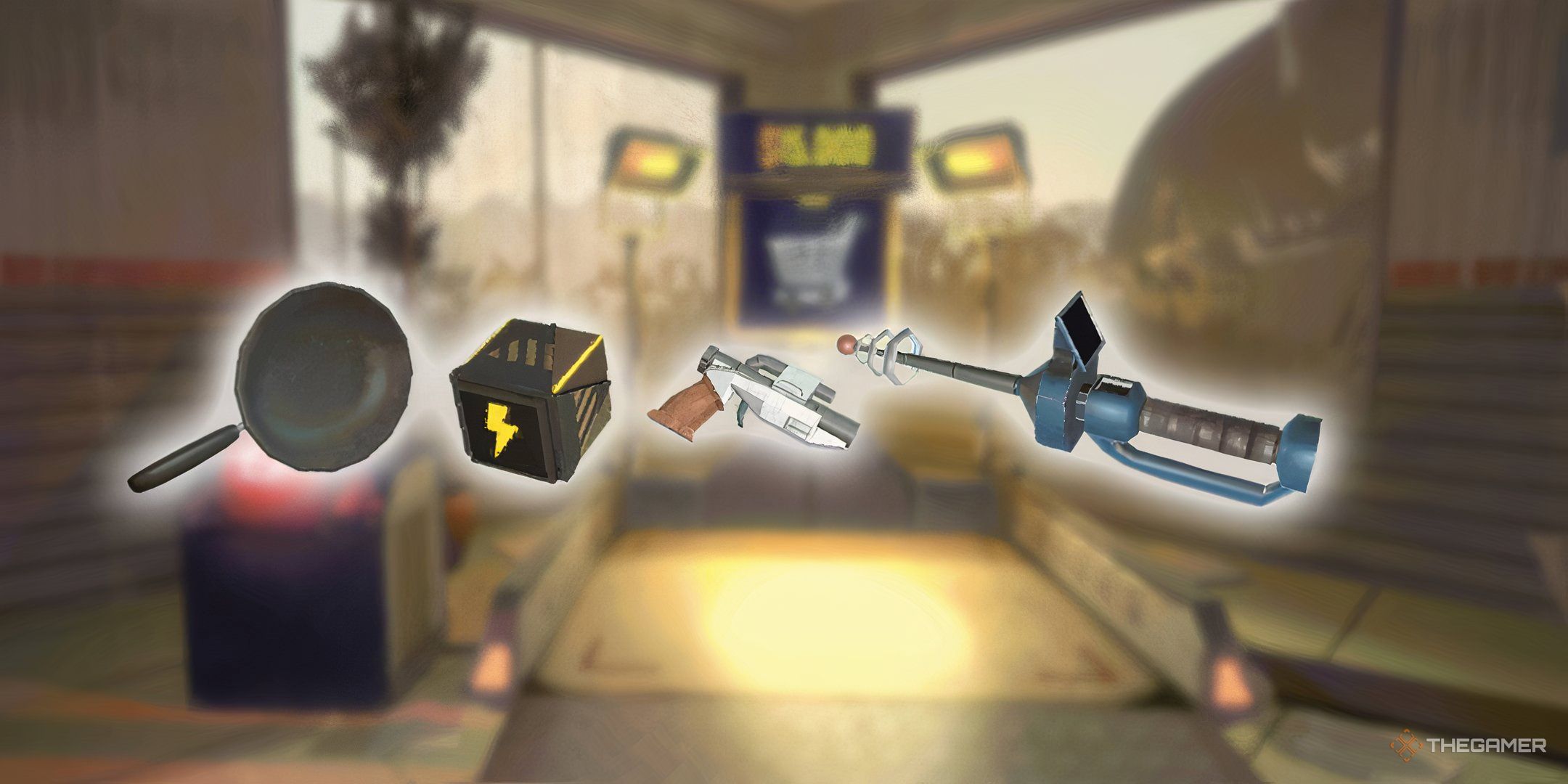 Left To Right: A Frying Pan, Recharge Drone, Tranq Gun, And Extraction Tracker in Repo.