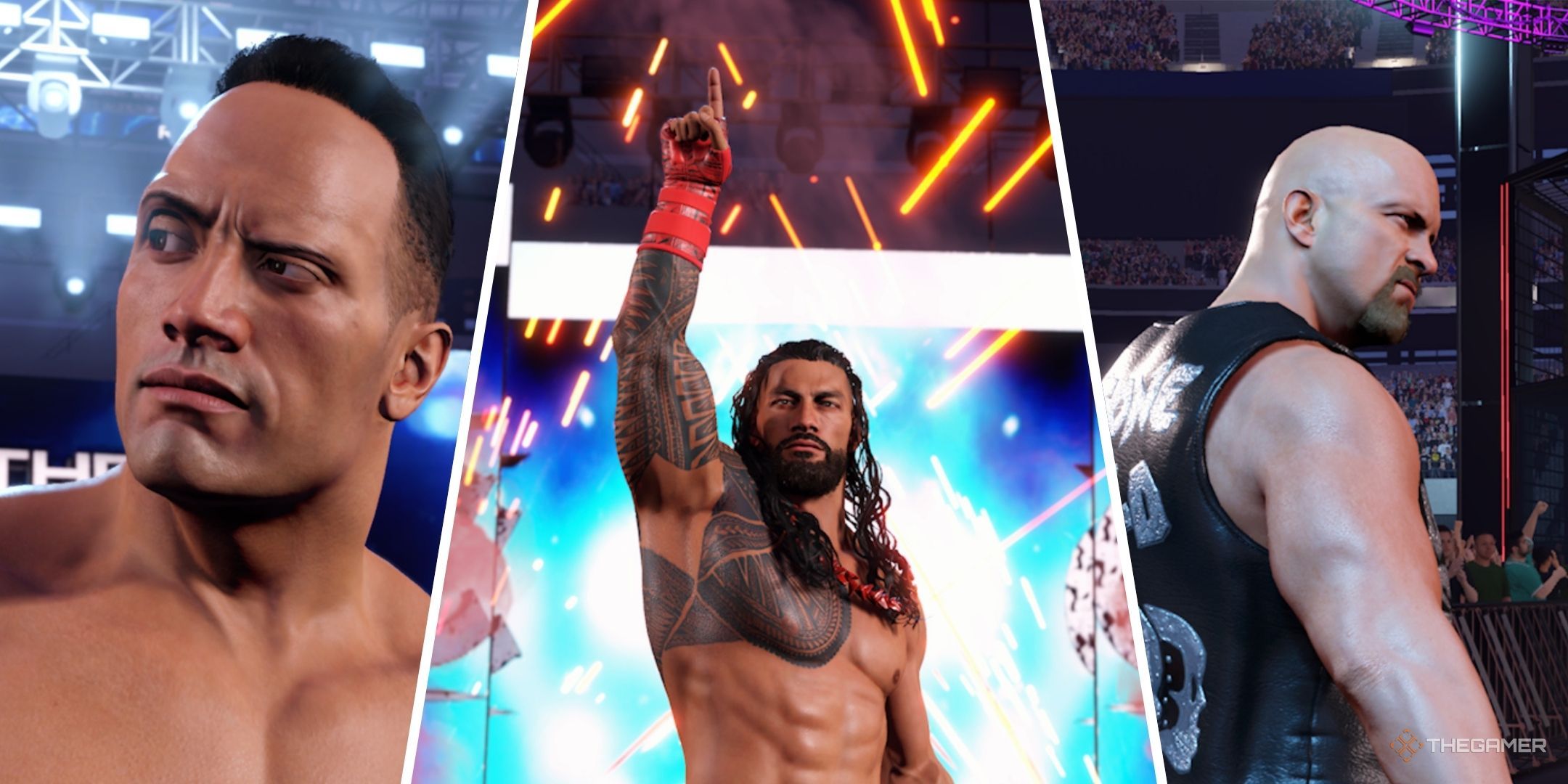 WWE 2K25 featured image containing screenshots of The Rock, Roman Reigns, and Stone Cold.