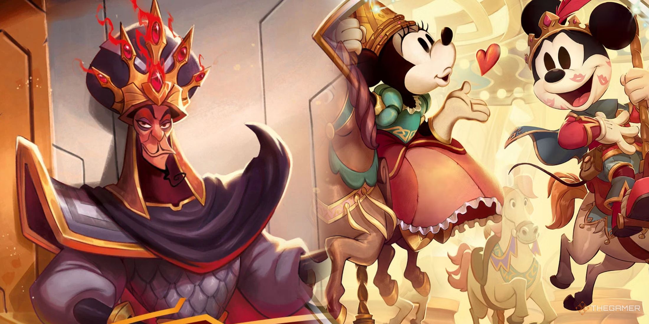Illustration of Jafar, Mickey and Minnie from Disney Lorcana.