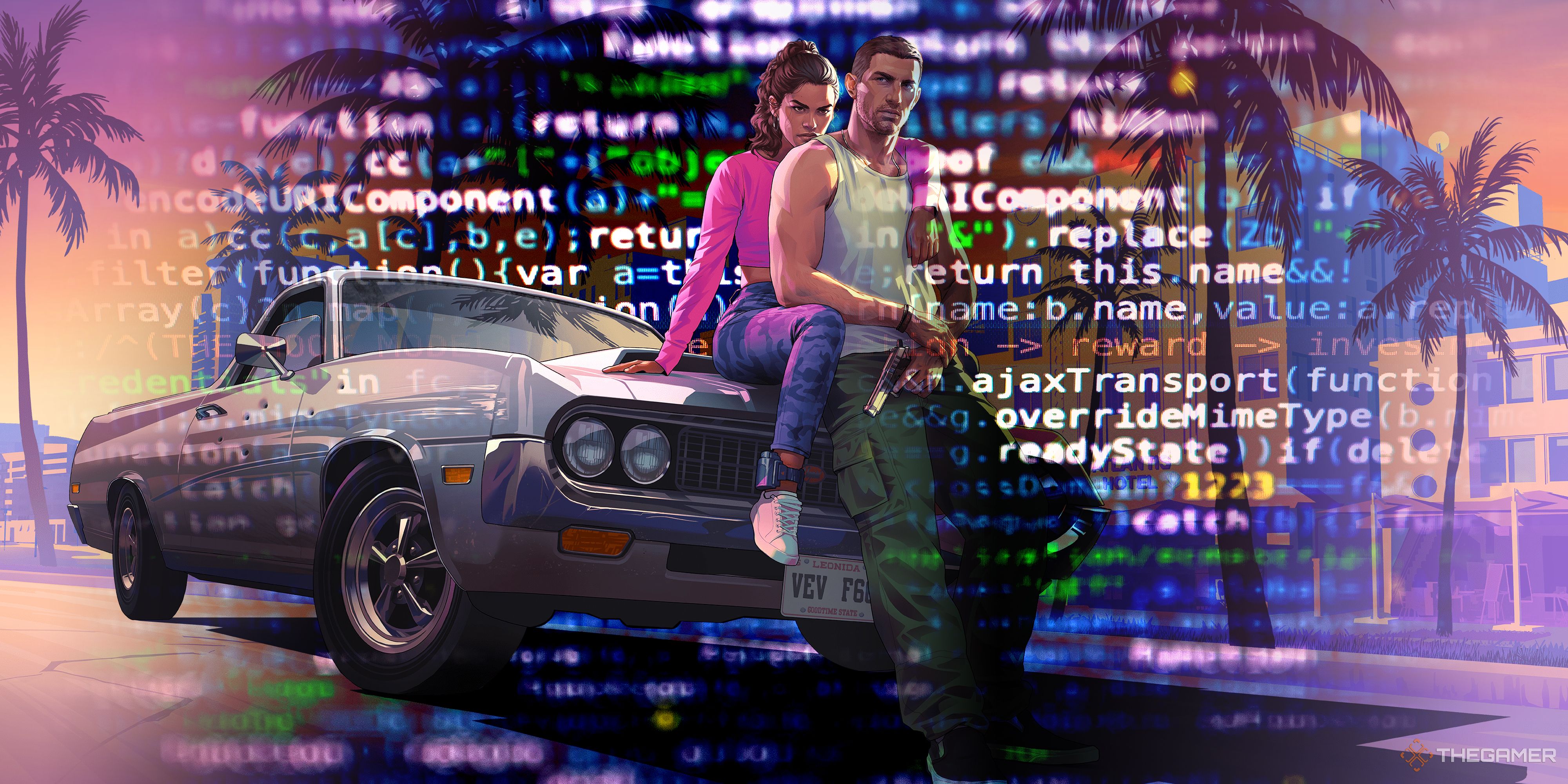 GTA 6 key art with lines of code in the background.