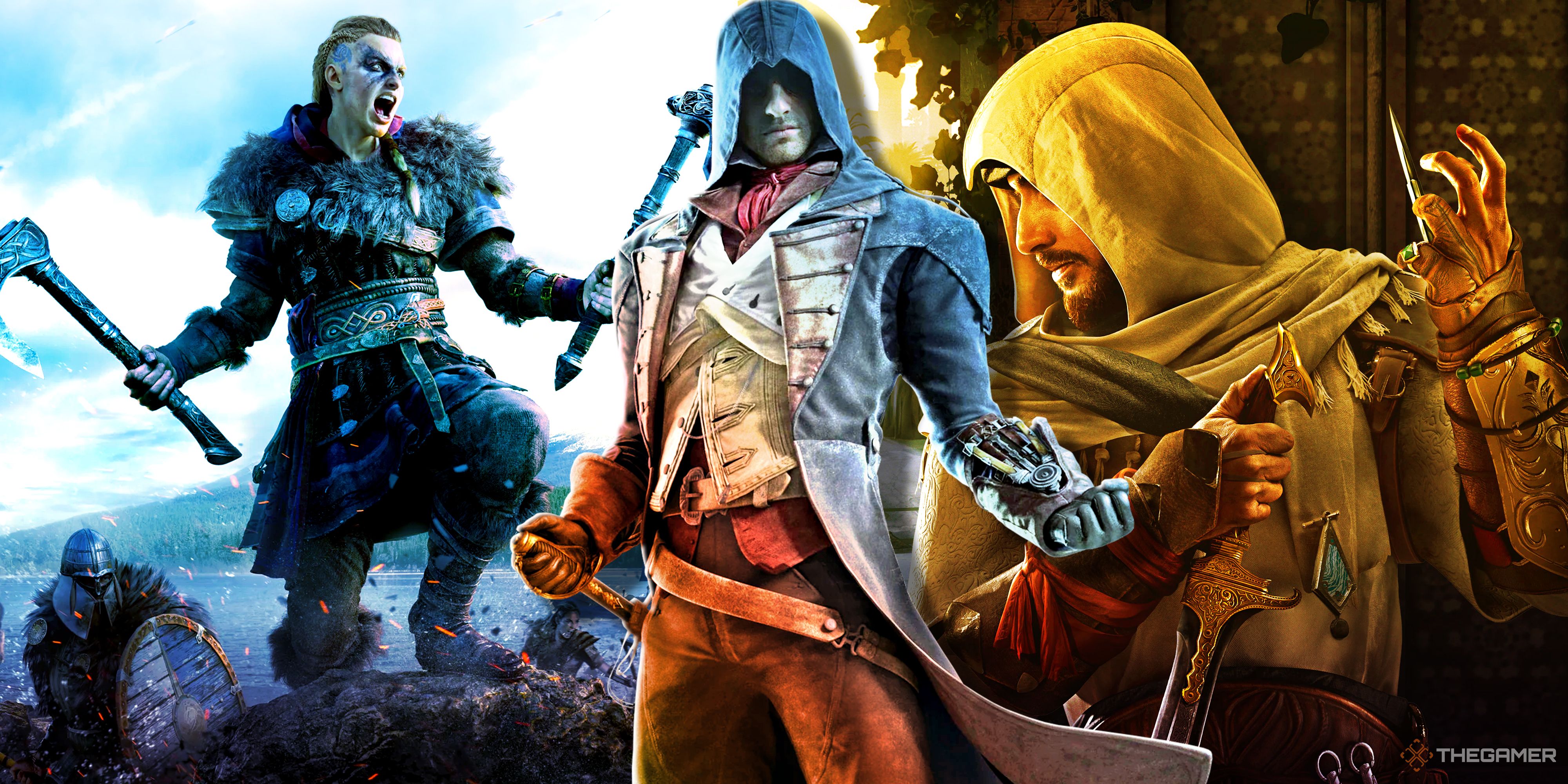 Assassin's Creed Valhalla, Unity and Mirage.