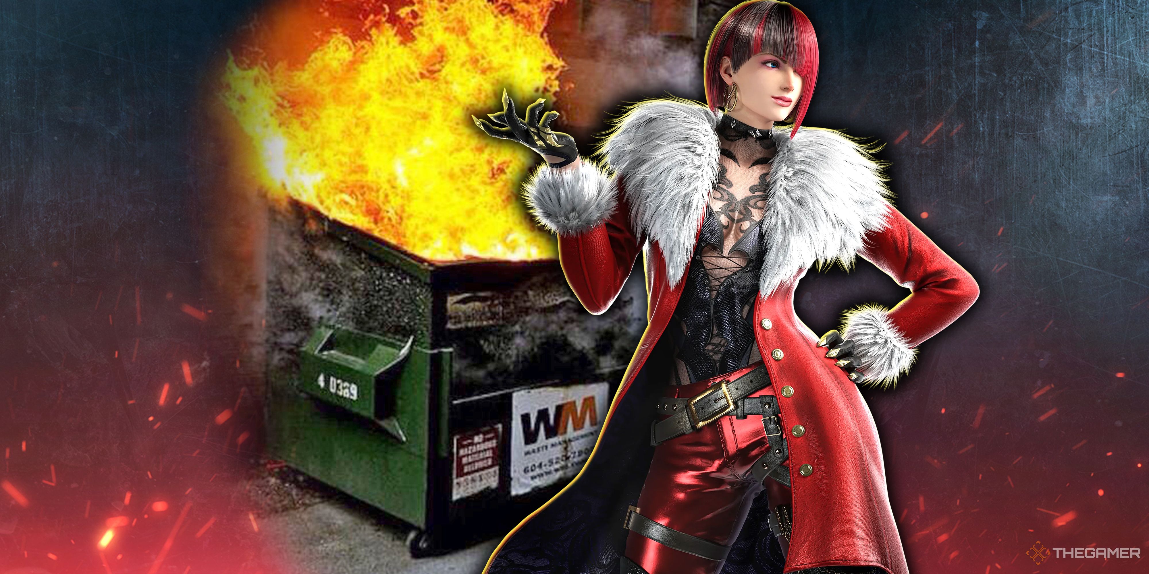 A collage showing Anna in the front and a trash bin on fire on the background.