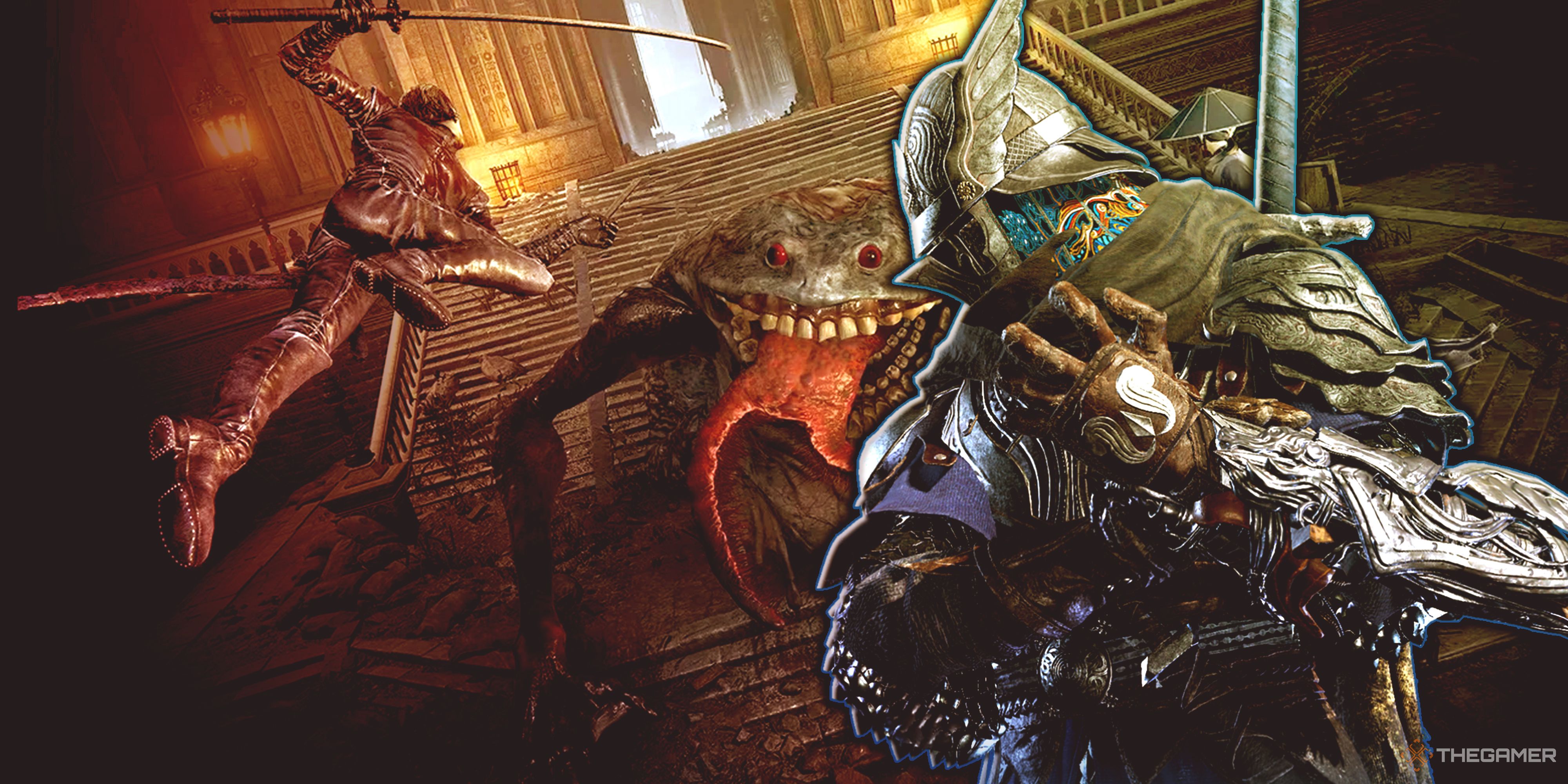 A character attacking a frog monster in The Duskbloods with another armored character in the foreground.