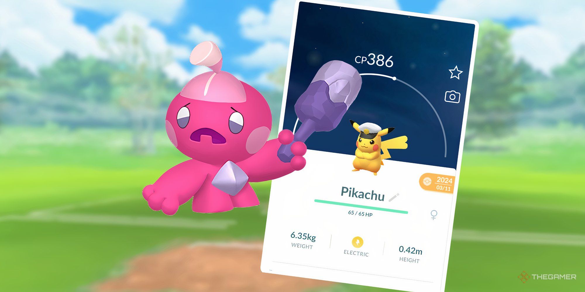 Tinkatink next to the Pikachu in Cap's hat from Pokemon Go.