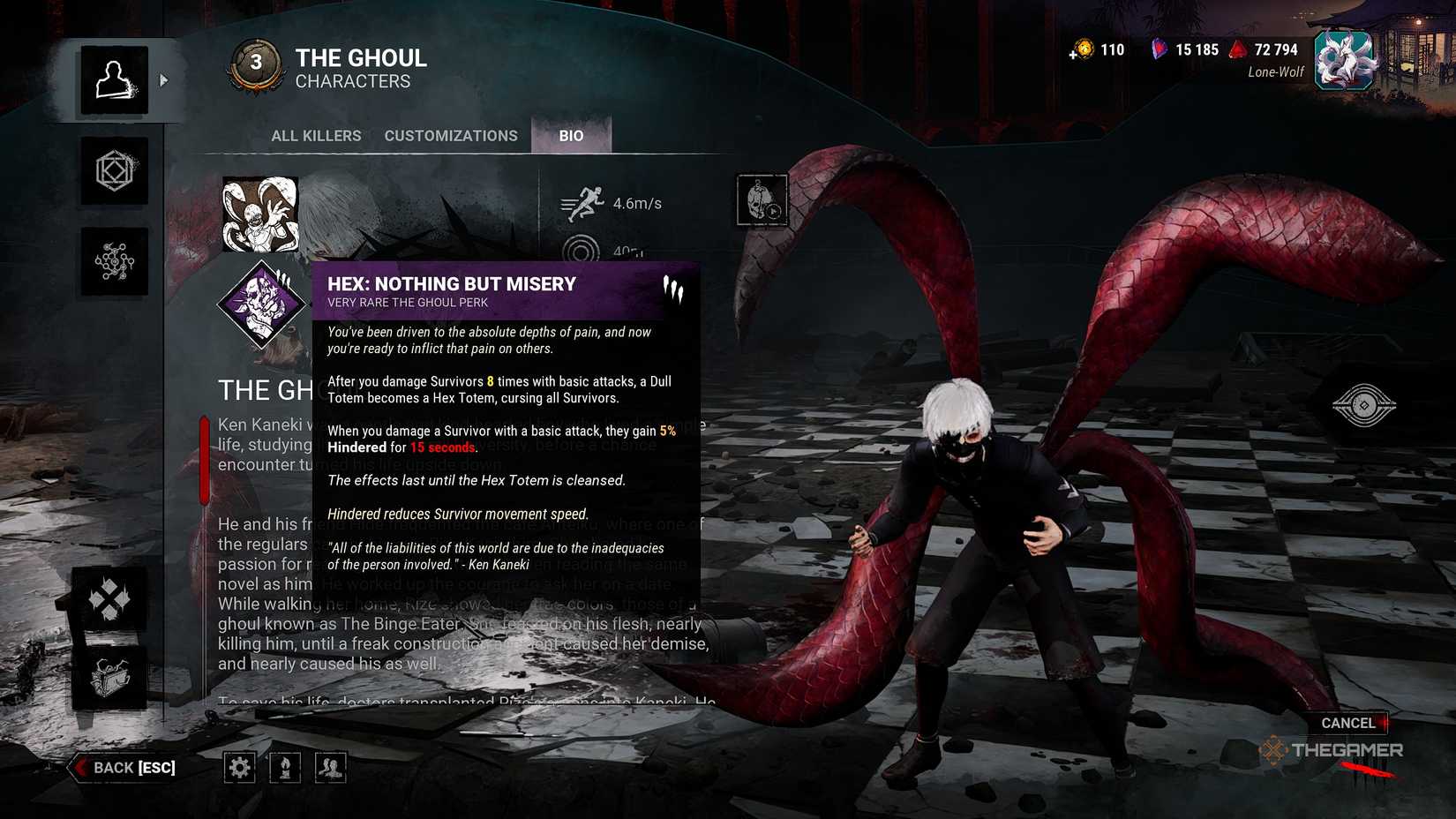 The description of the perk HEX: Nothing But Misery in Dead by Daylight.