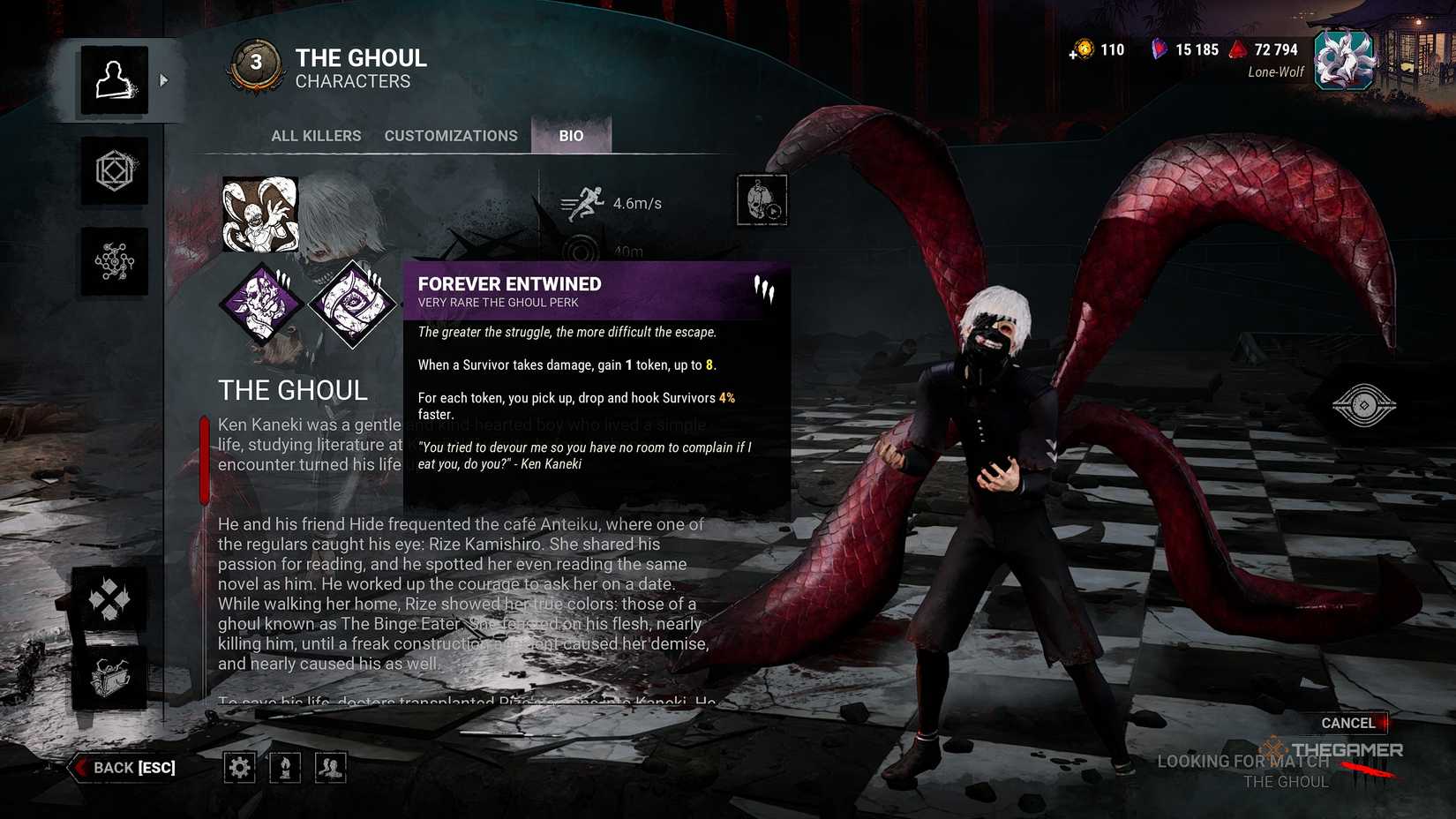 The perk description for Forever Entwined in Dead by Daylight.