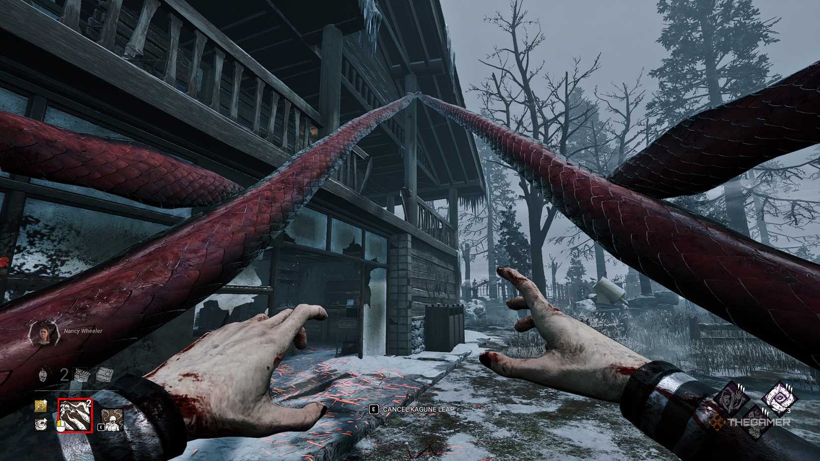 The Ghoul using his Kagune Leap power to traverse the map in Dead by Daylight.