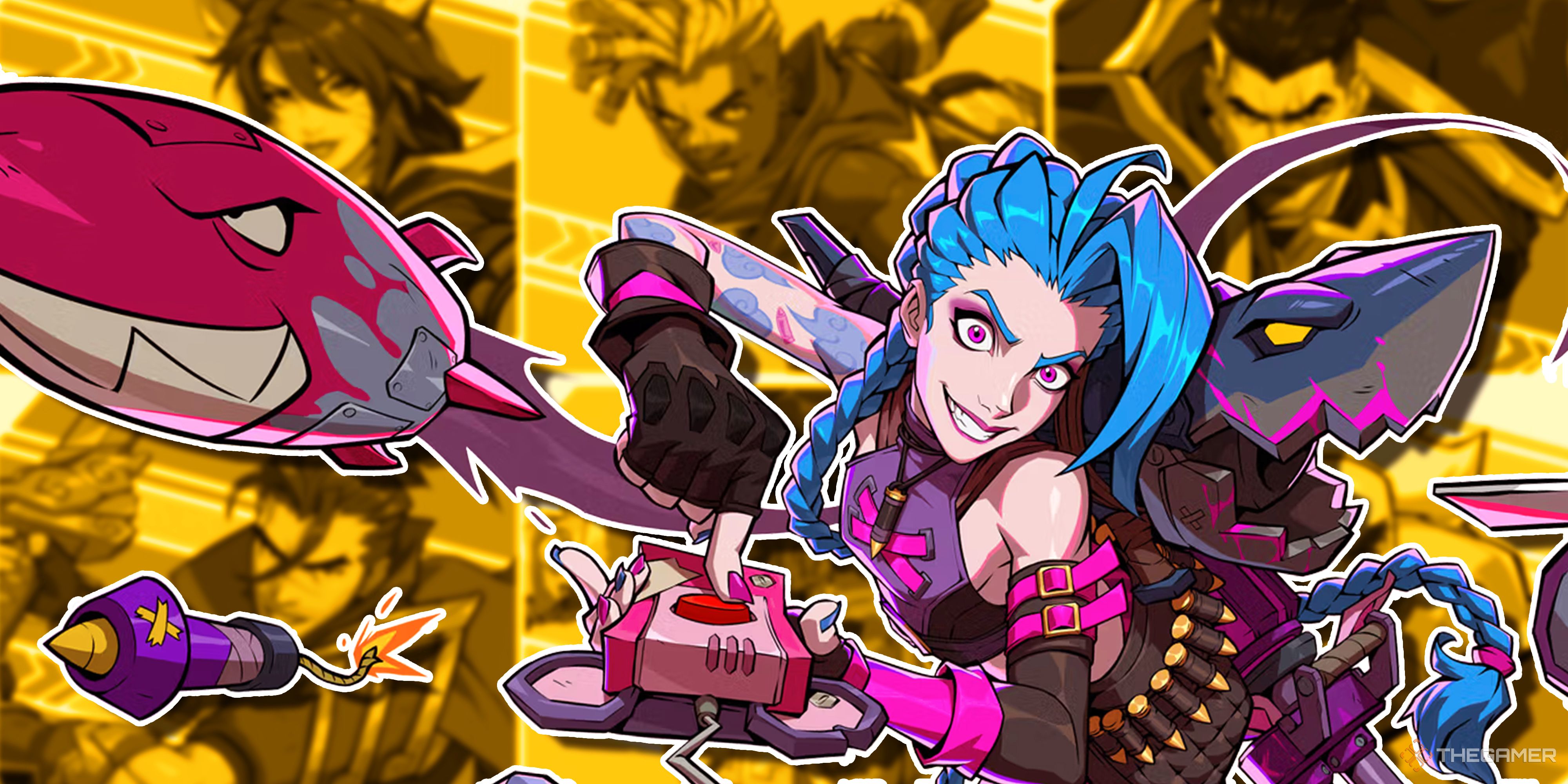 Jinx is at the front, throwing missiles, and the rest of the confirmed cast from 2XK0 is in the background.