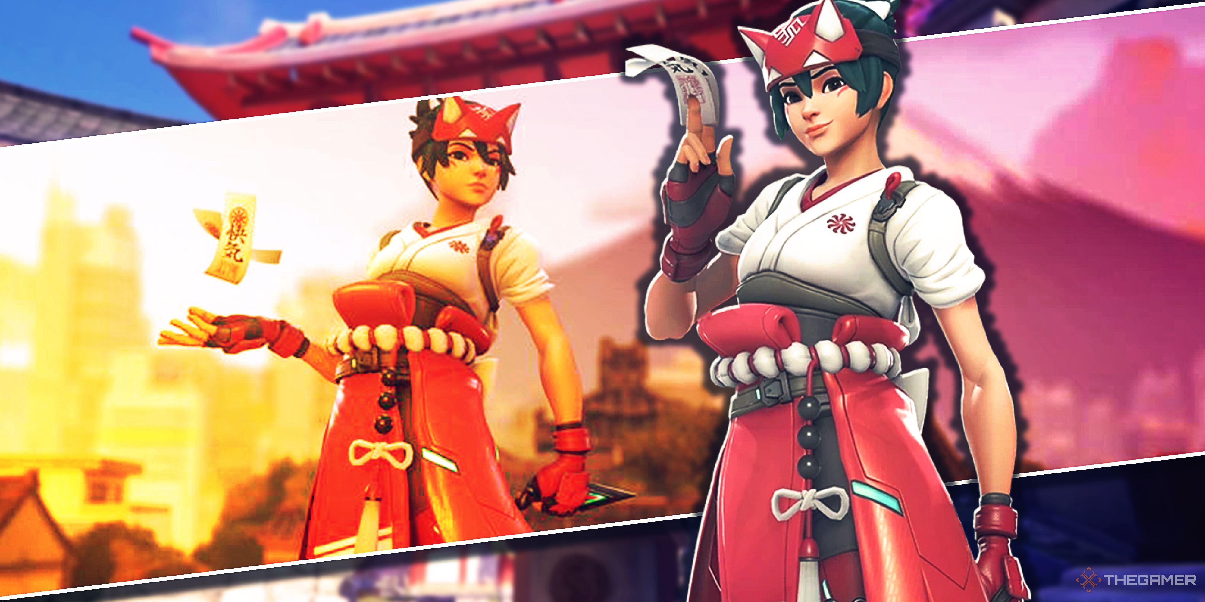 Kiriko standing in front of another photo of her from Overwatch 2.