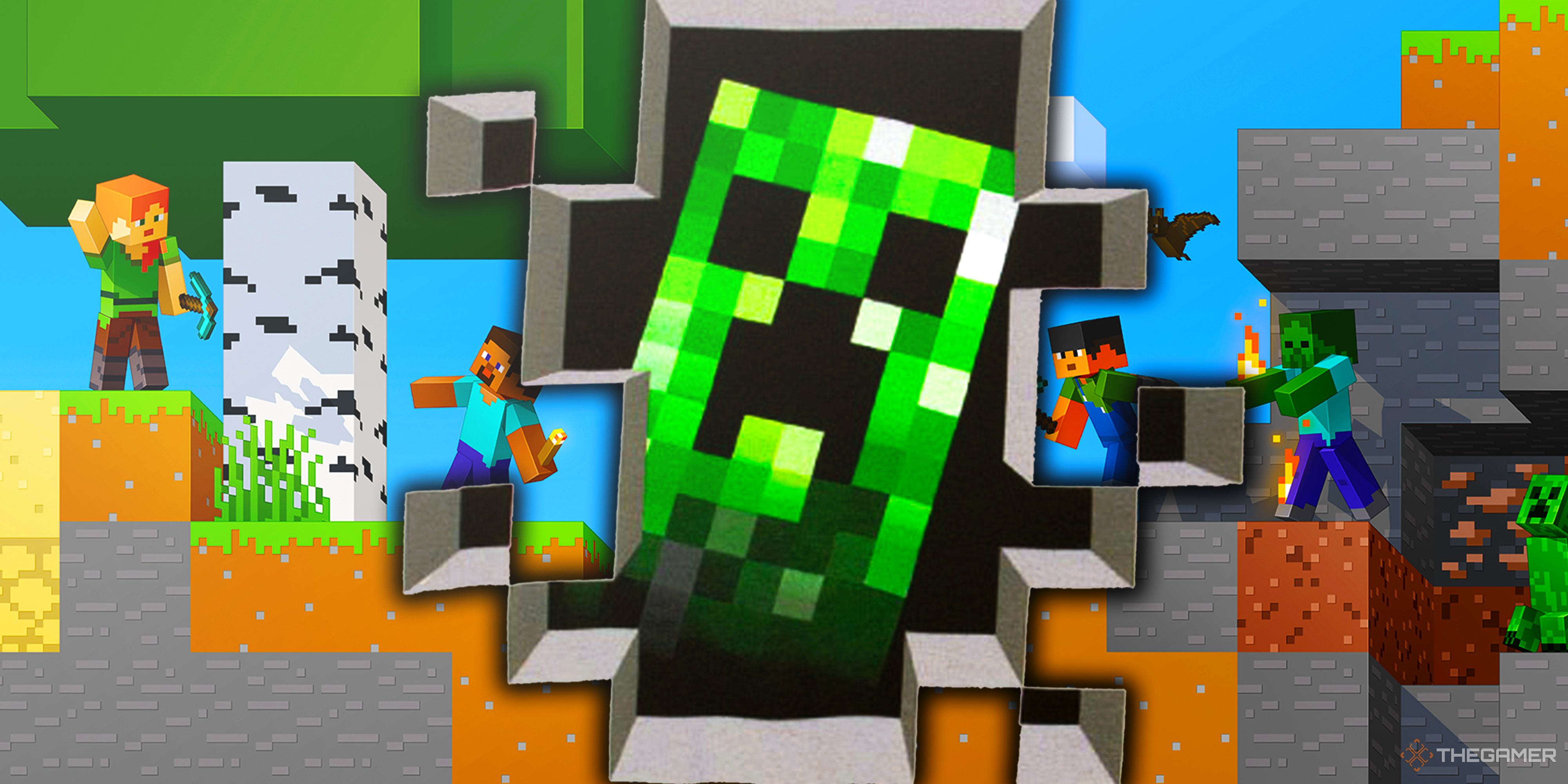 A collage of Minecraft characters in a blocky environment.