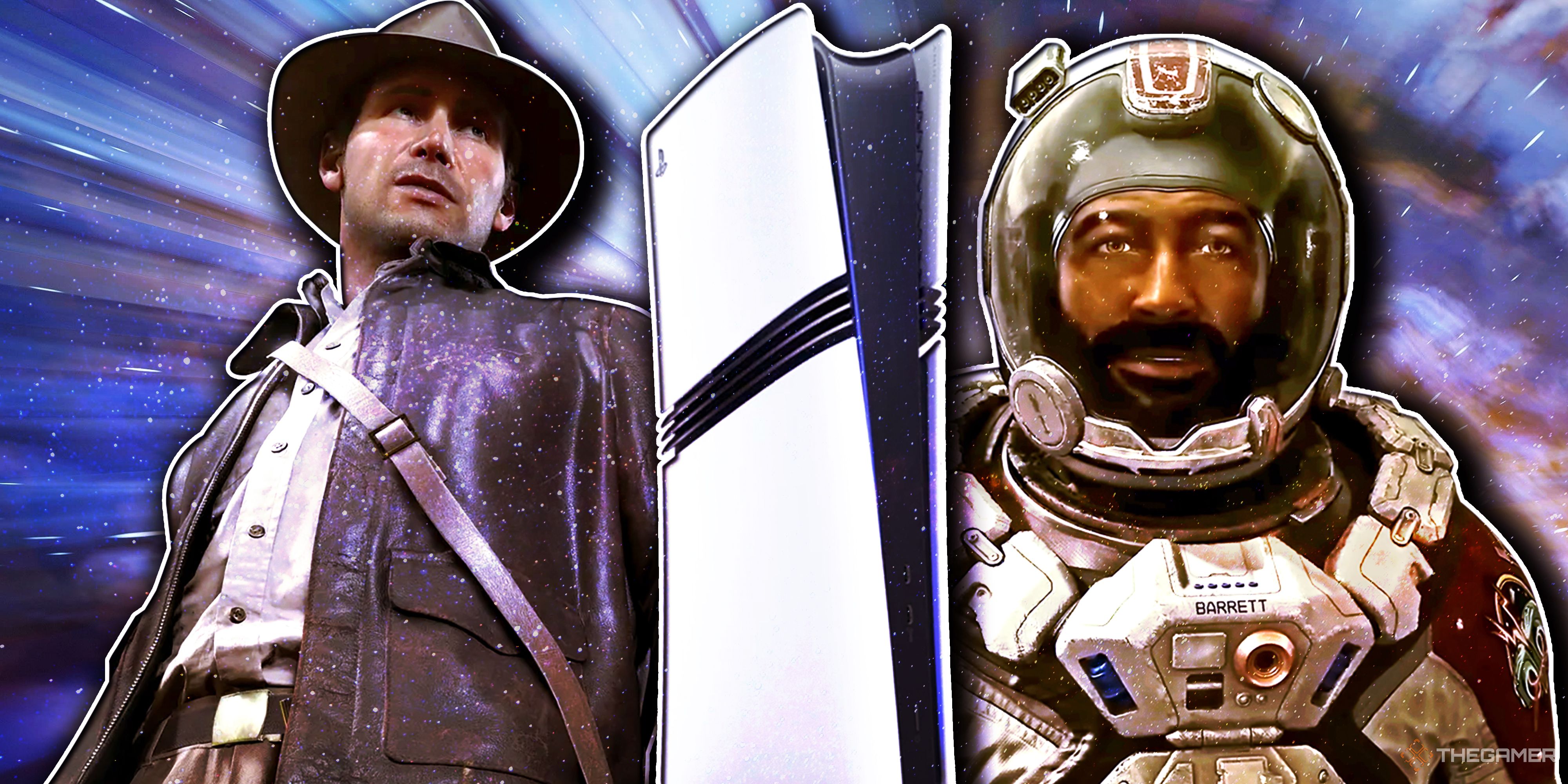 Xbox characters from Indiana Jones and the Great Circle and Starfield with a PS5 pro in between them.