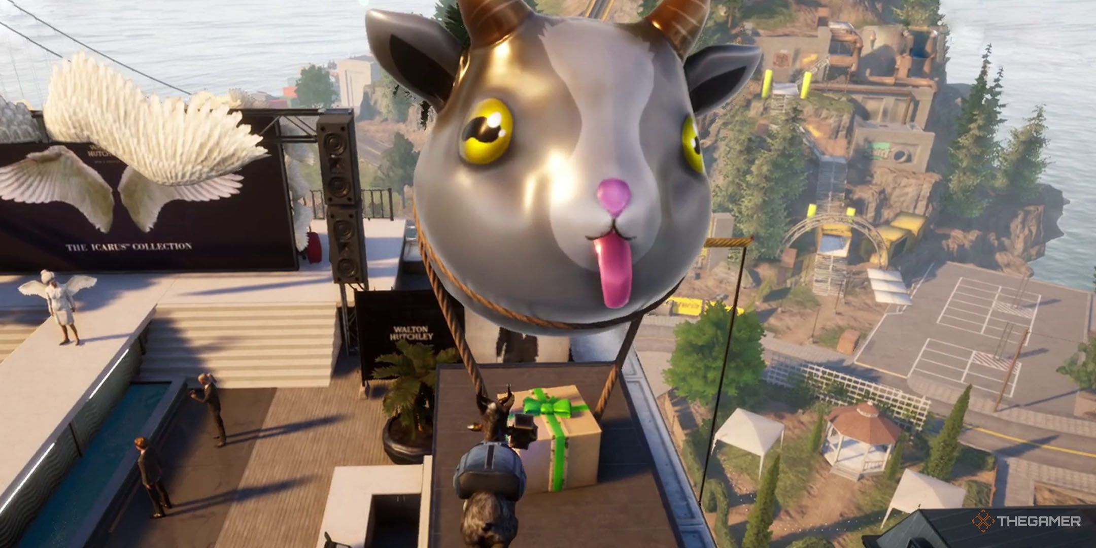 A goat balloon and present in Goat Simulator 3 Gifts from the Rift.
