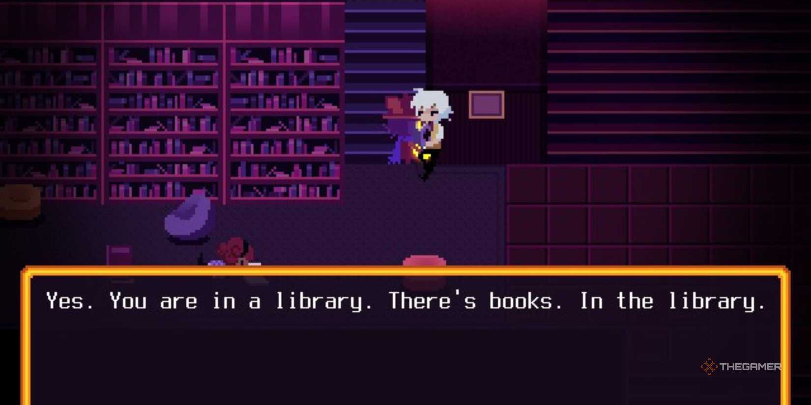 A man sarcastically tells Nika that there is a book in OneShot's library.