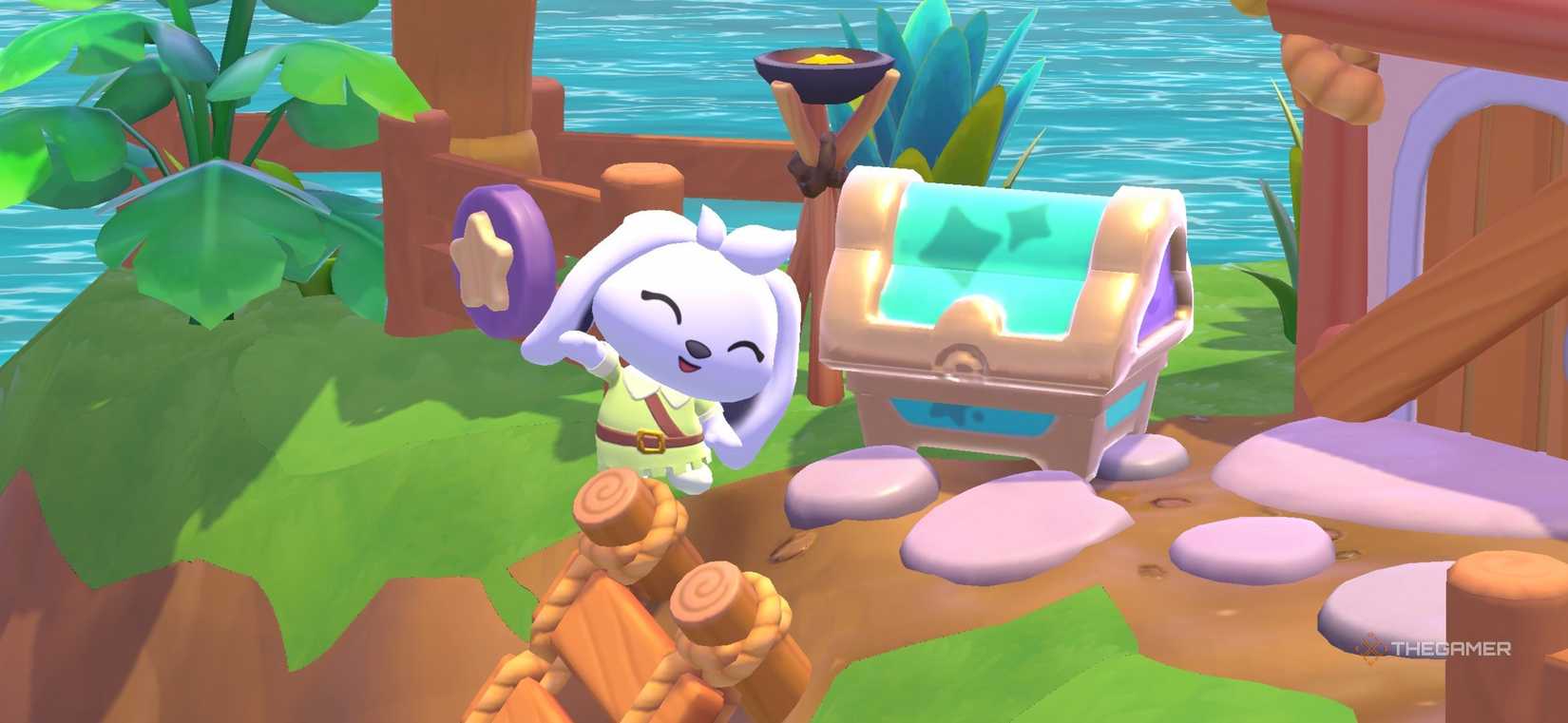 A player posing next to the Imagination Celebration chest in Hello Kitty Island Adventure.