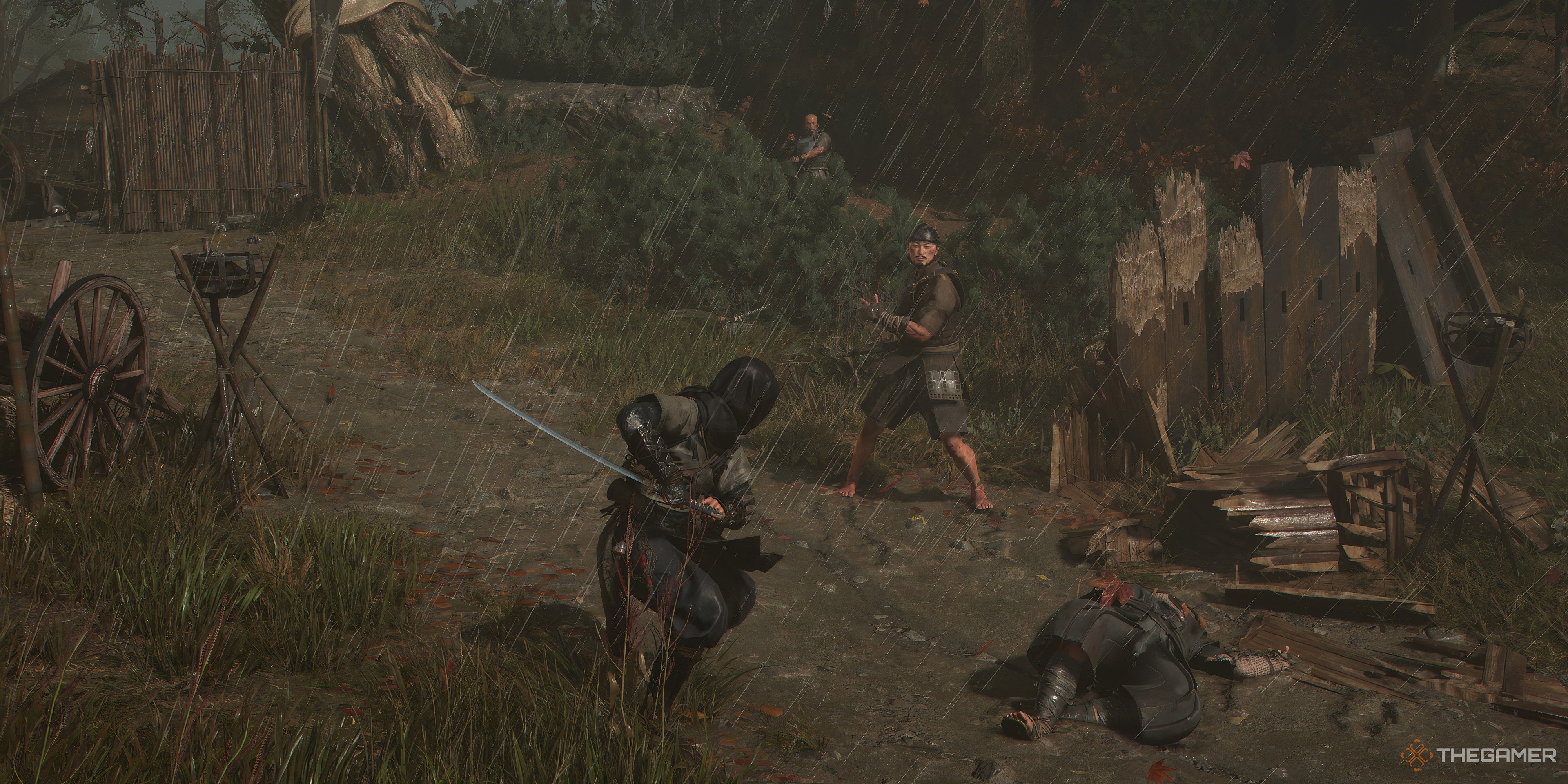 Assassin's Creed Naoe charging up an attack with an enemy about to swing at her. Another enemy is on the ground to her right. There's an other enemy off in background in the bush as well.