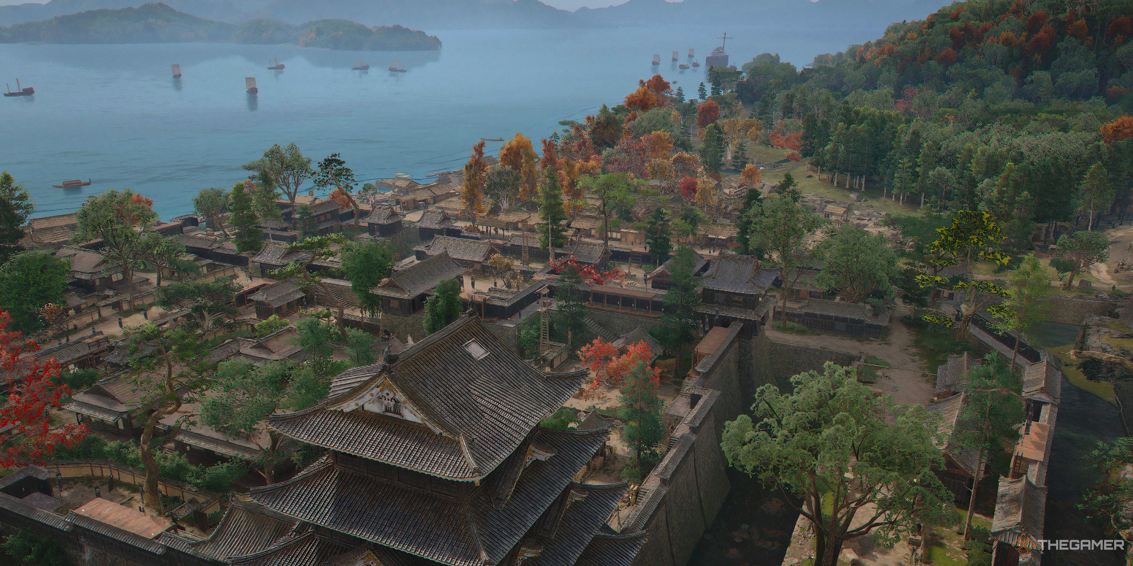 A view over a city in Japan after completing a viewpoint on top of a castle in Assassin's Creed Shadows.