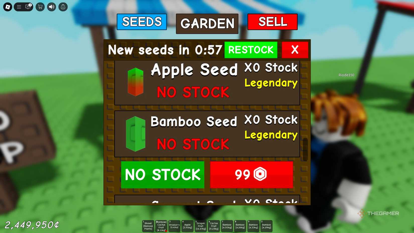 The player character shows bamboo seeds in the seed store in Grow A Garden.