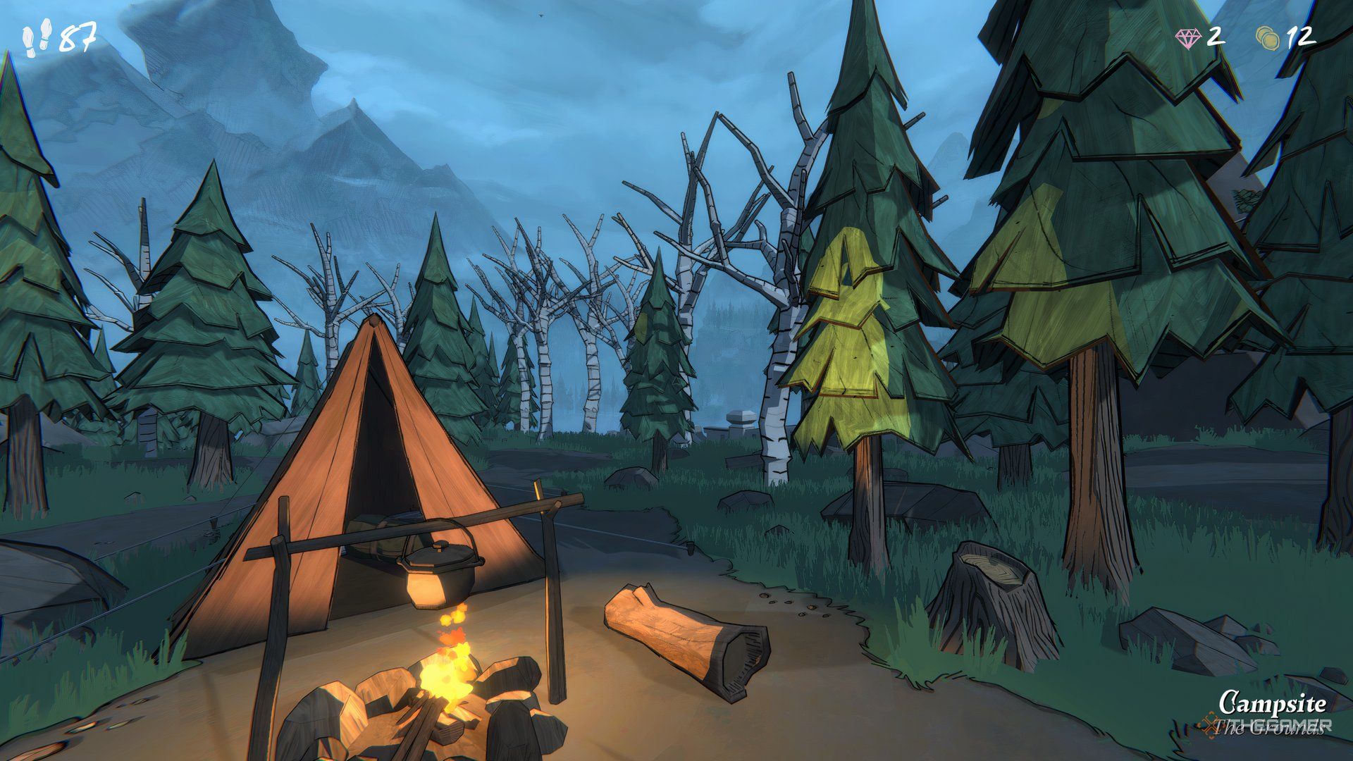 The Campsite And Tent With White Trees Behind It In Blue Prince.