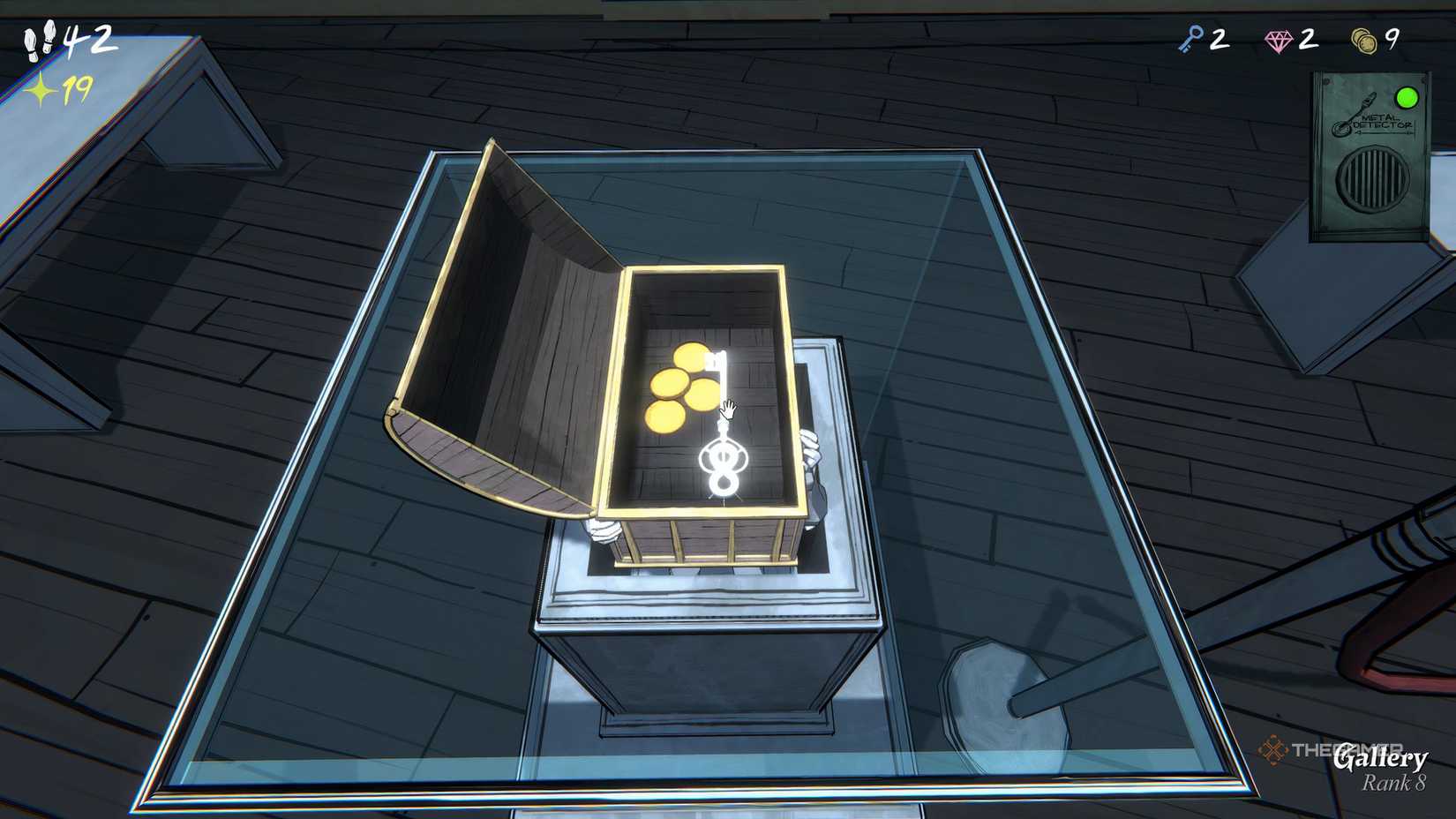 A small chest in the gallery room with four pieces of gold and with 8 keys inside in a blue prince.