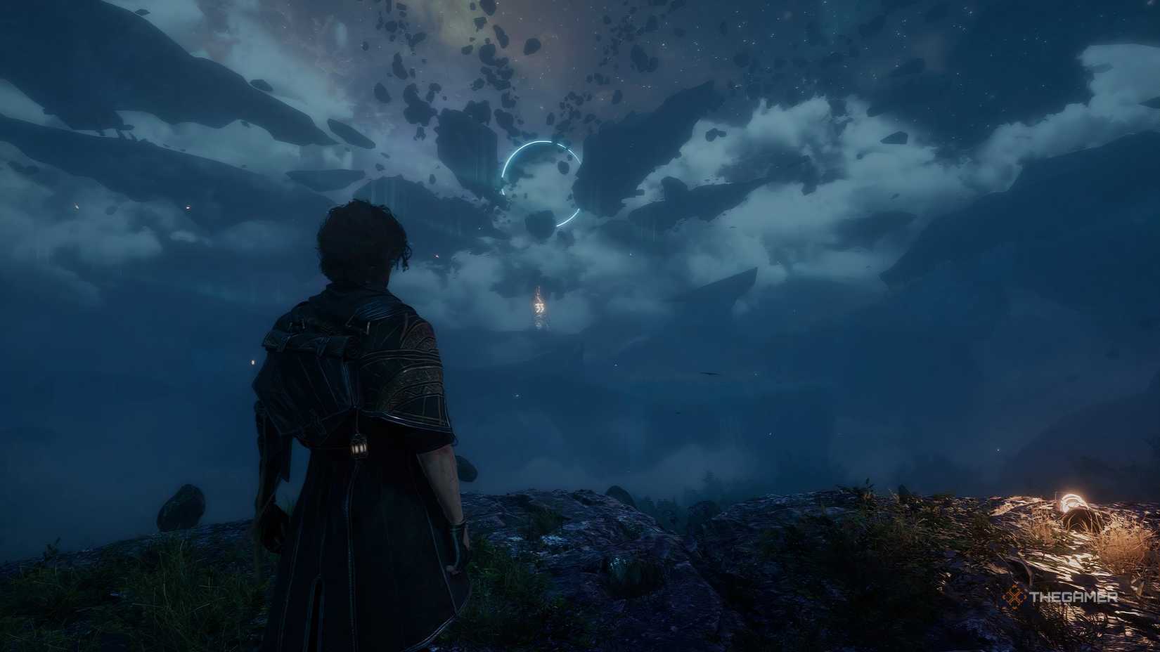 Clair Obscur: Gustave looking at a rock floating in the distance on a cliff in Expedition 33. 