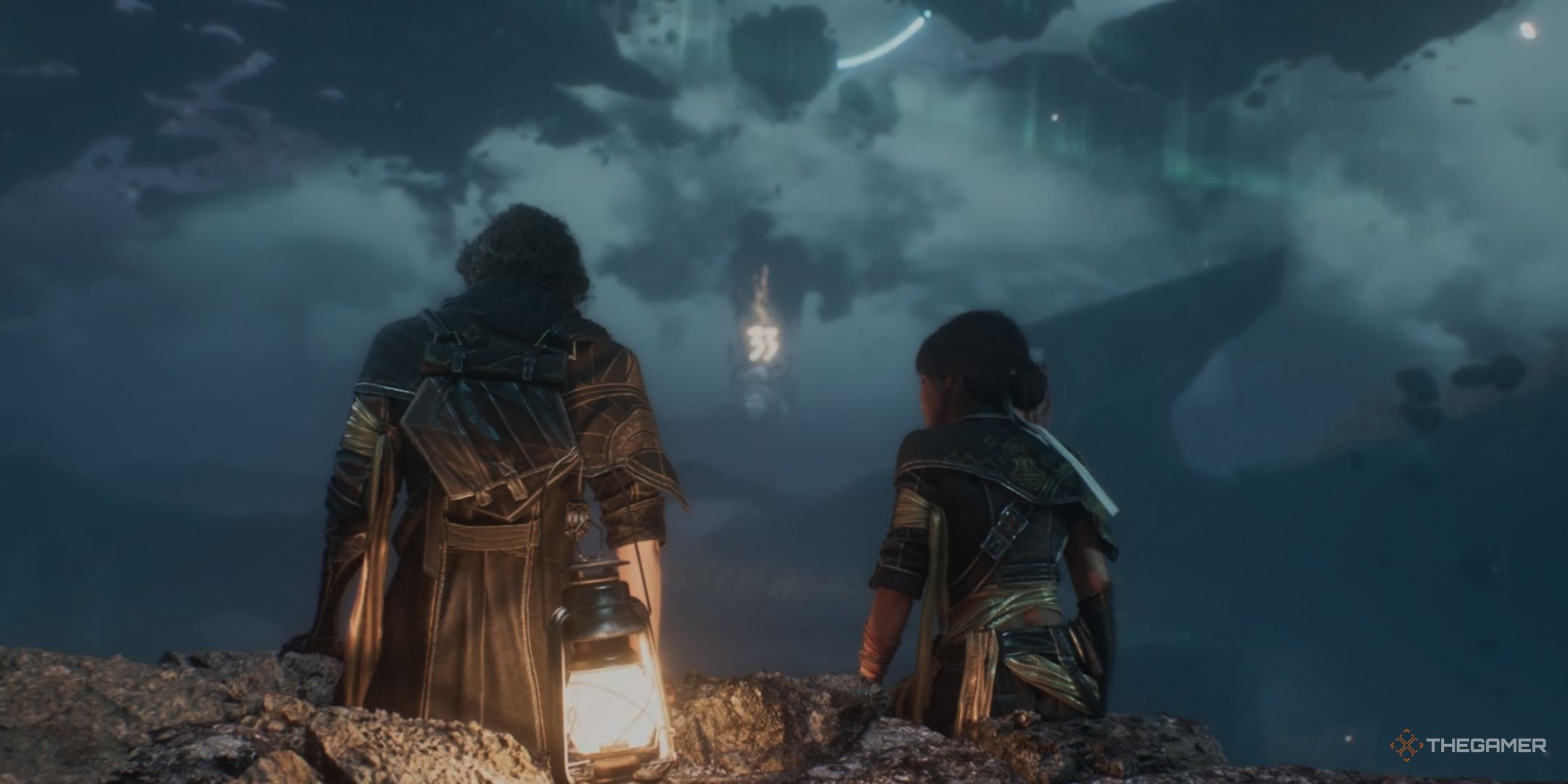 Gustave and Sciel sitting together at camp, with the Monolith in the distance, in Clair Obscur: Expedition 33.