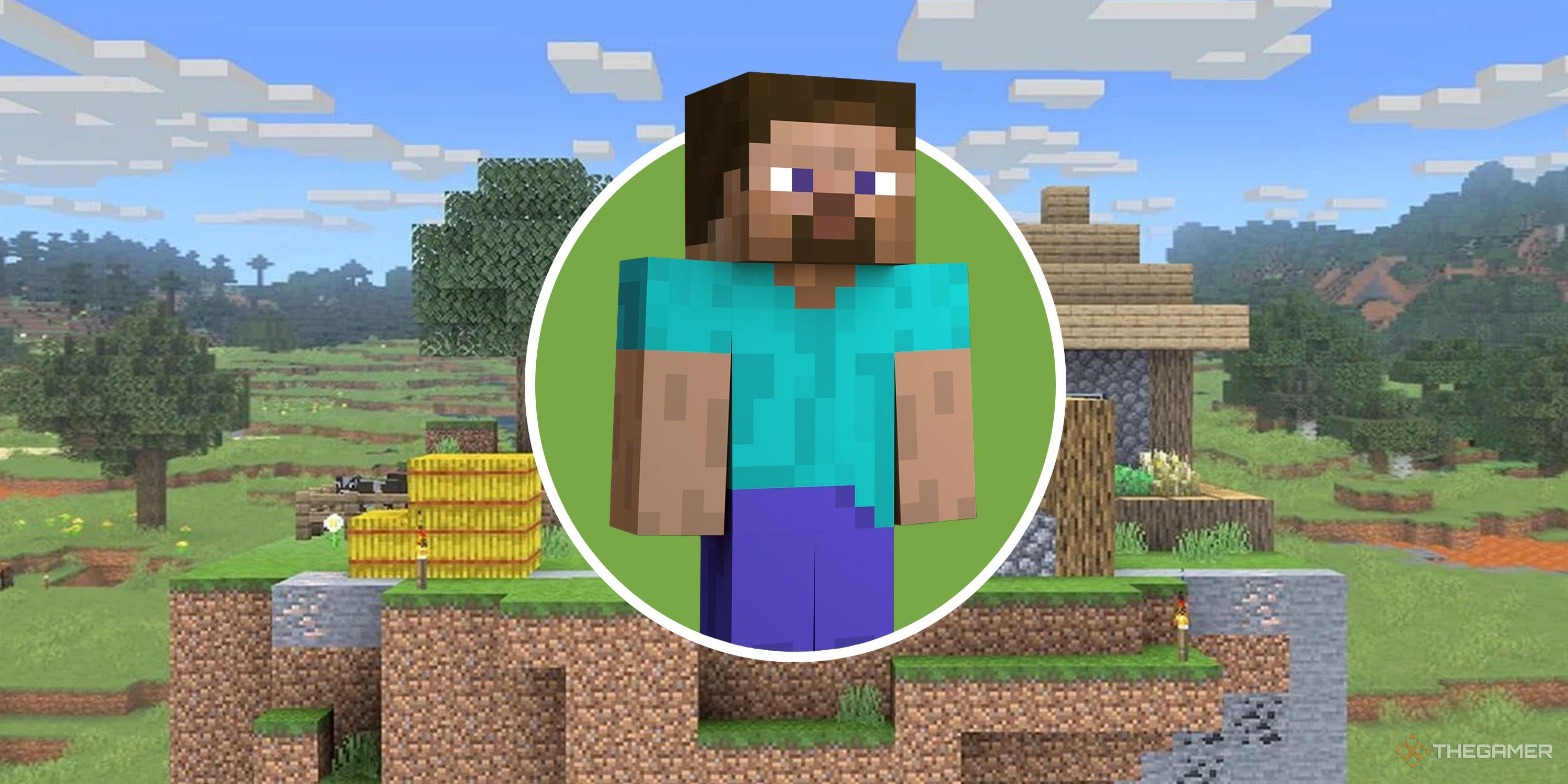 A circle image of Steve over a background of a field from Minecraft.