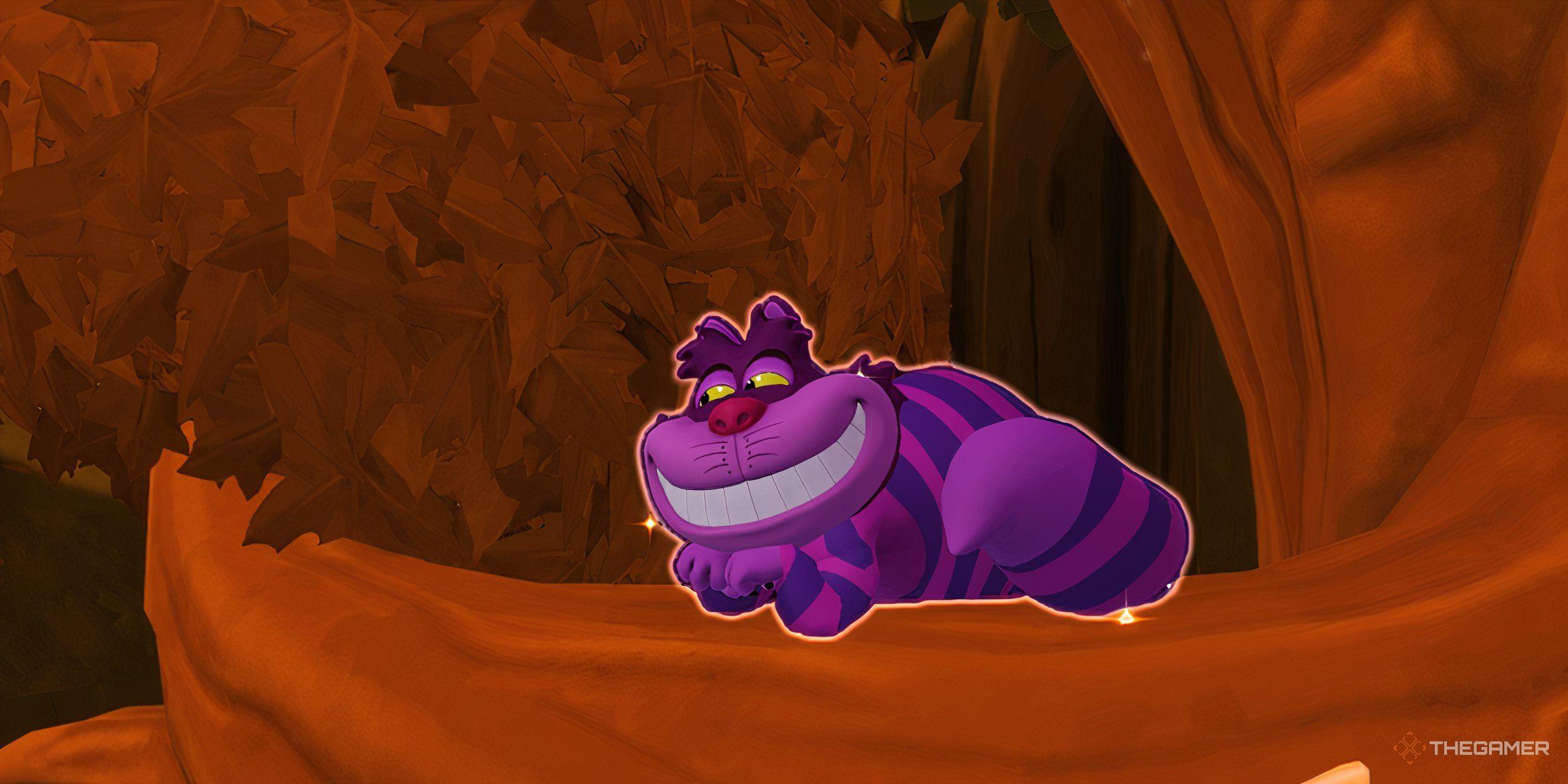 The Cheshire Cat relaxing in a tree on an orange background.