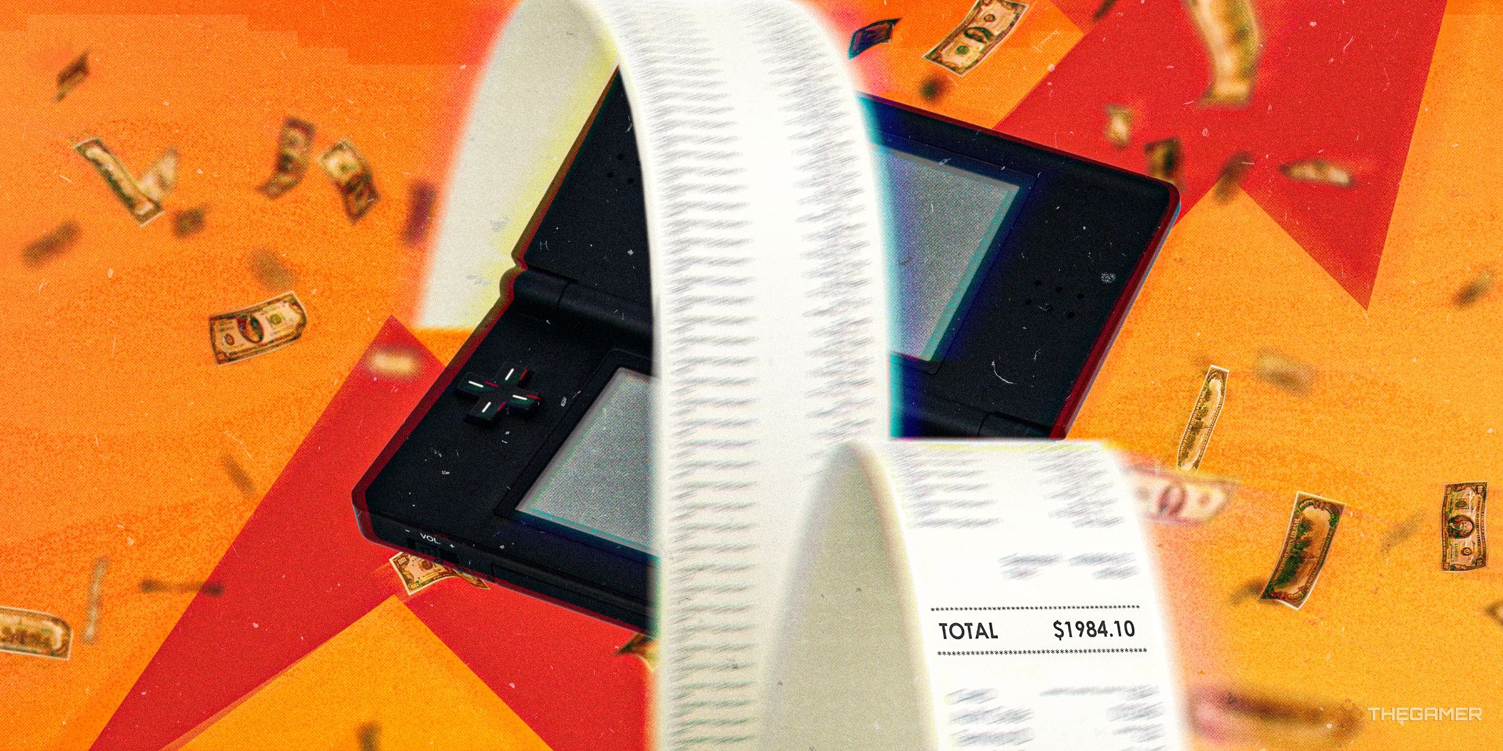A long Nintendo DS receipt with bills flying in the background.