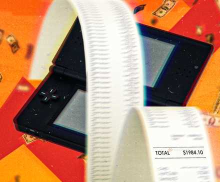A long receipt on top of a Nintendo DS with bills flying in the background.