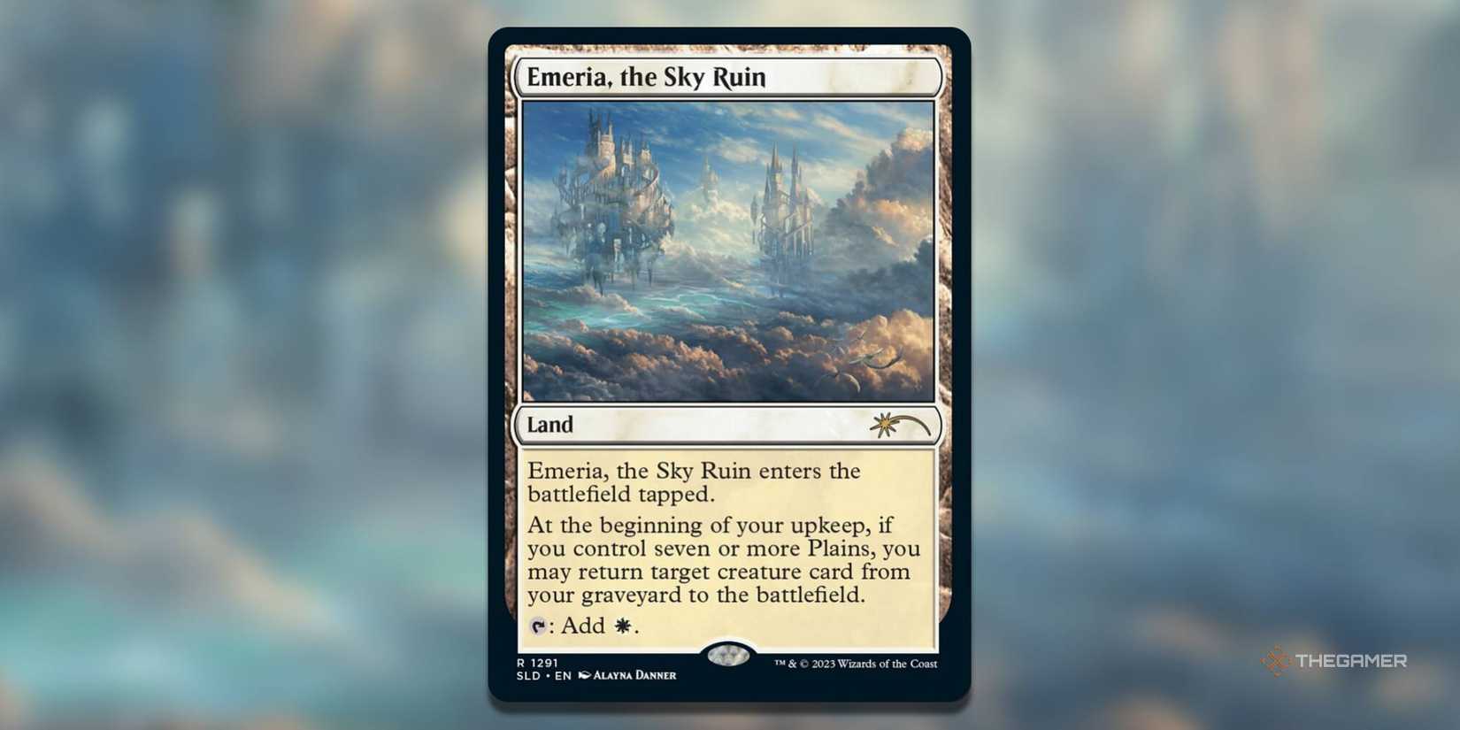 Emeria A Sky Ruin card showing two ornate buildings in the clouds. 