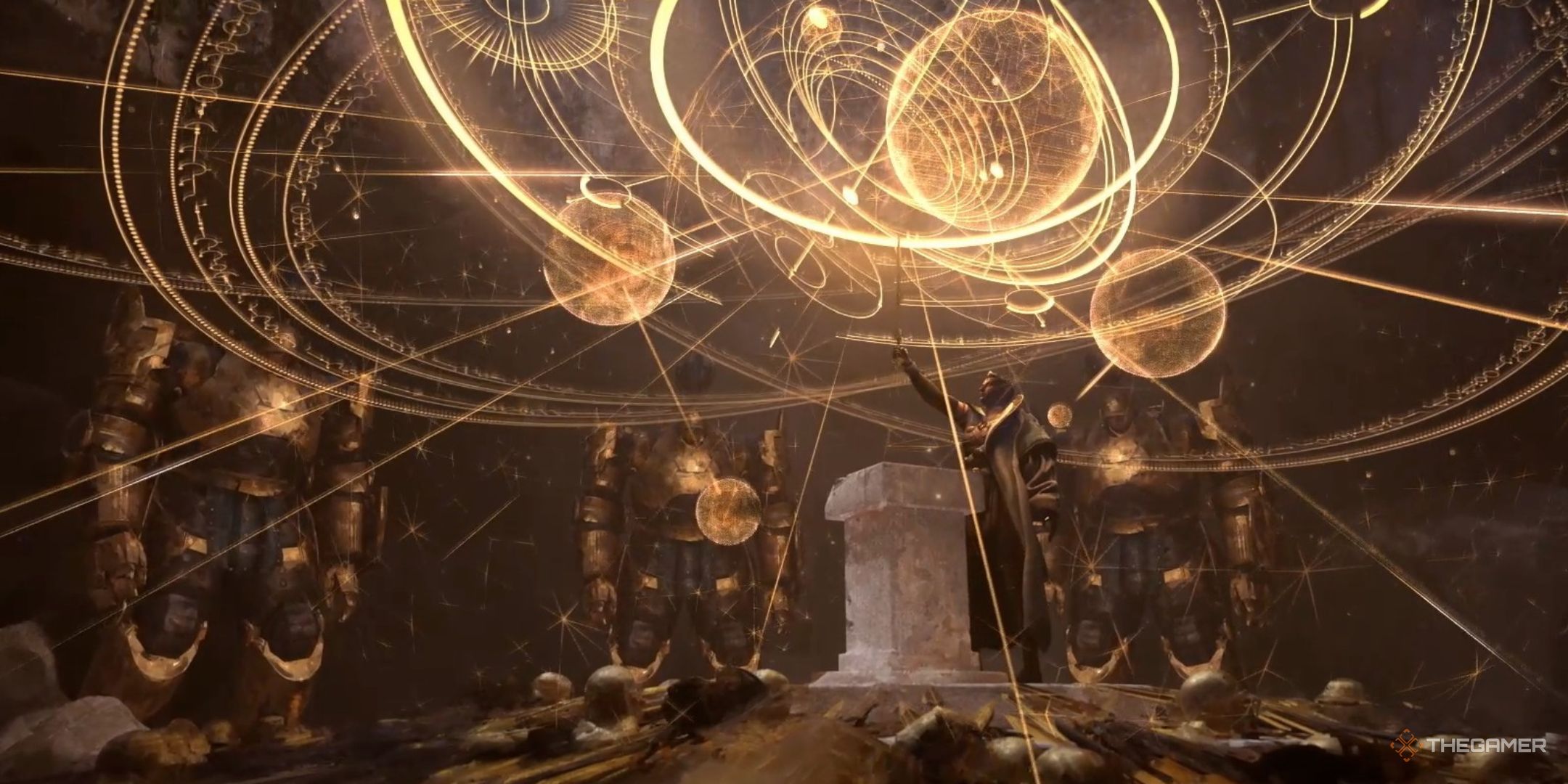 the kin of sheredyn leader raises garin's blade as a holographic astrolabe of dust appears in the faction opening to endless legend 2.