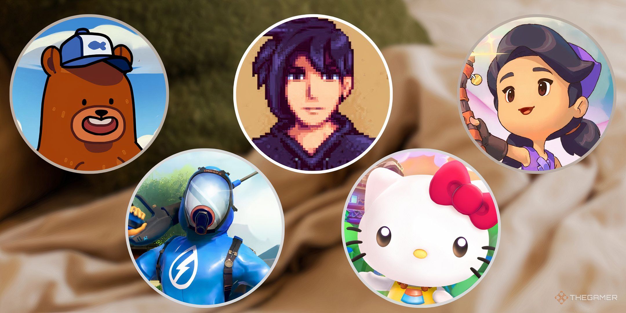 Hank from Bear and Breakfast, a suited powerwasher from Powerwash Simulator, Sebatian from Stardew Valley, Hello Kitty in Hello Kitty Island Adventures, and a fairy from Fae Farm.