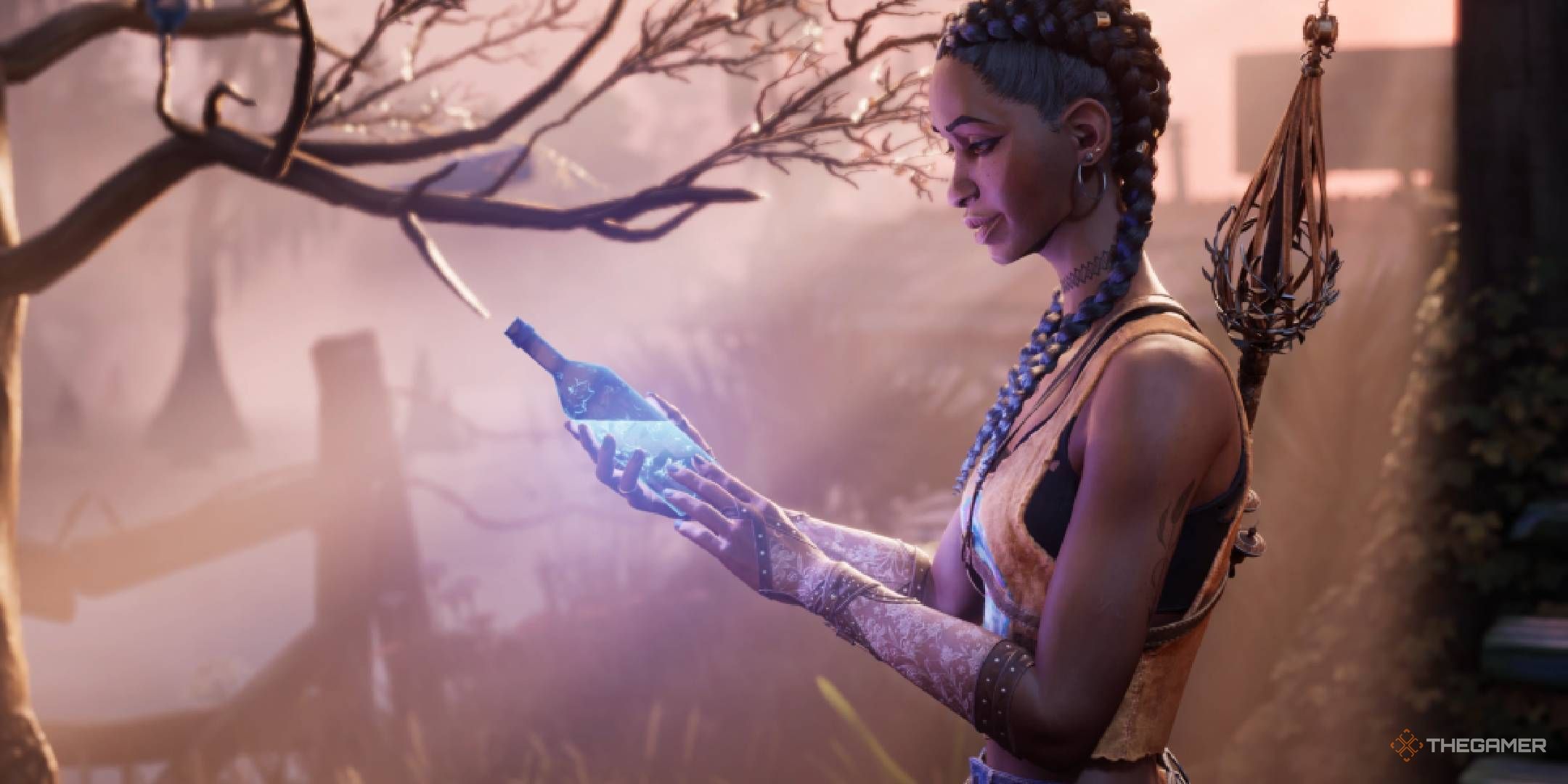 Hazel holding a bottle from a bottle tree in South of Midnight.