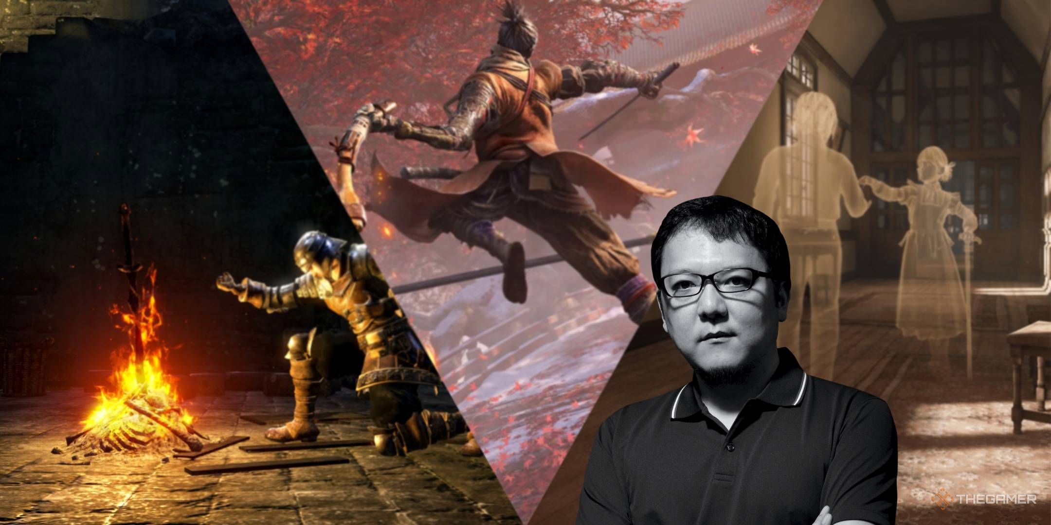 Hidetaka Miyazaki layered over lightly blurred games he directed.
