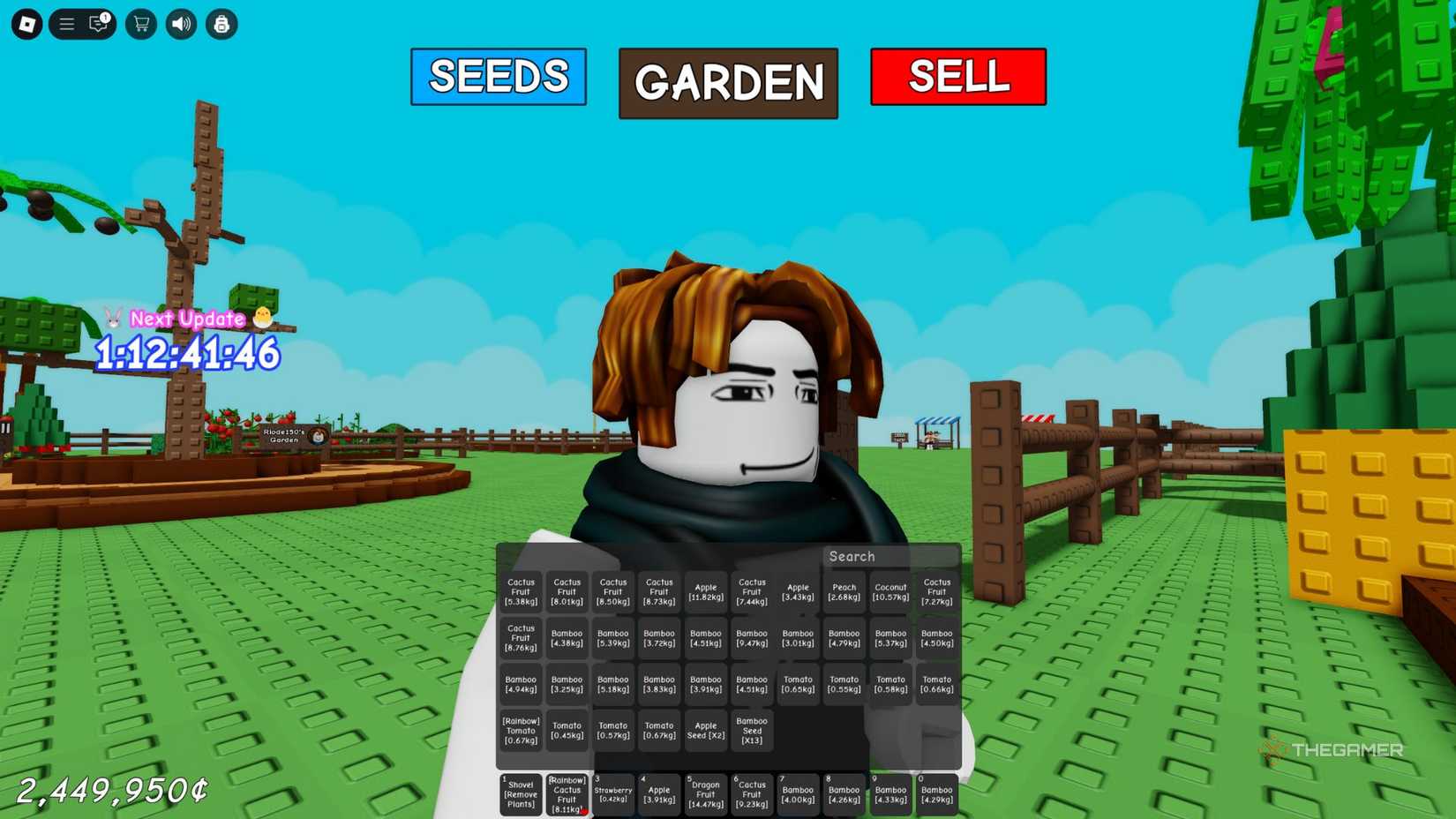 The player character shows his inventory full of various fruits in Grow A Garden.