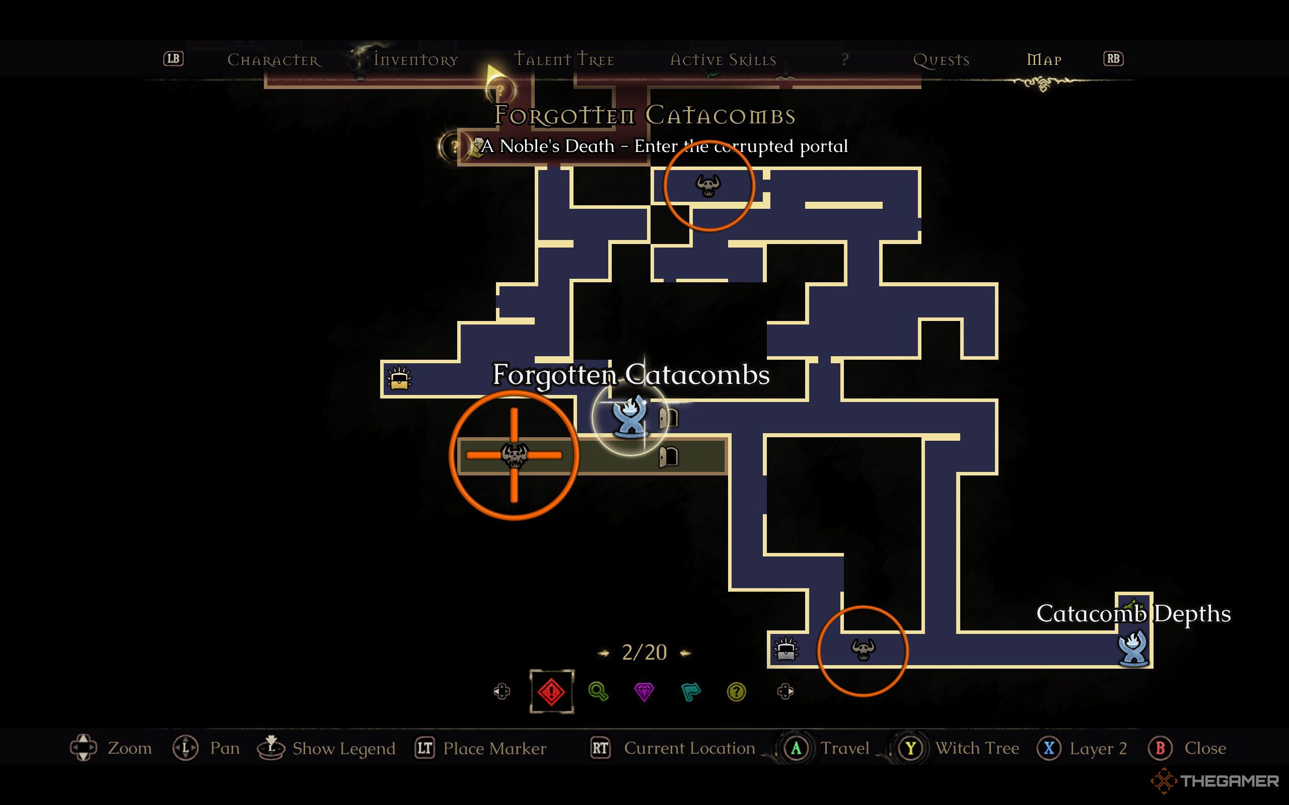 The location of the two guardians marked by smaller circles, while the location of the necromancer in the mandragora was marked by a large circle.