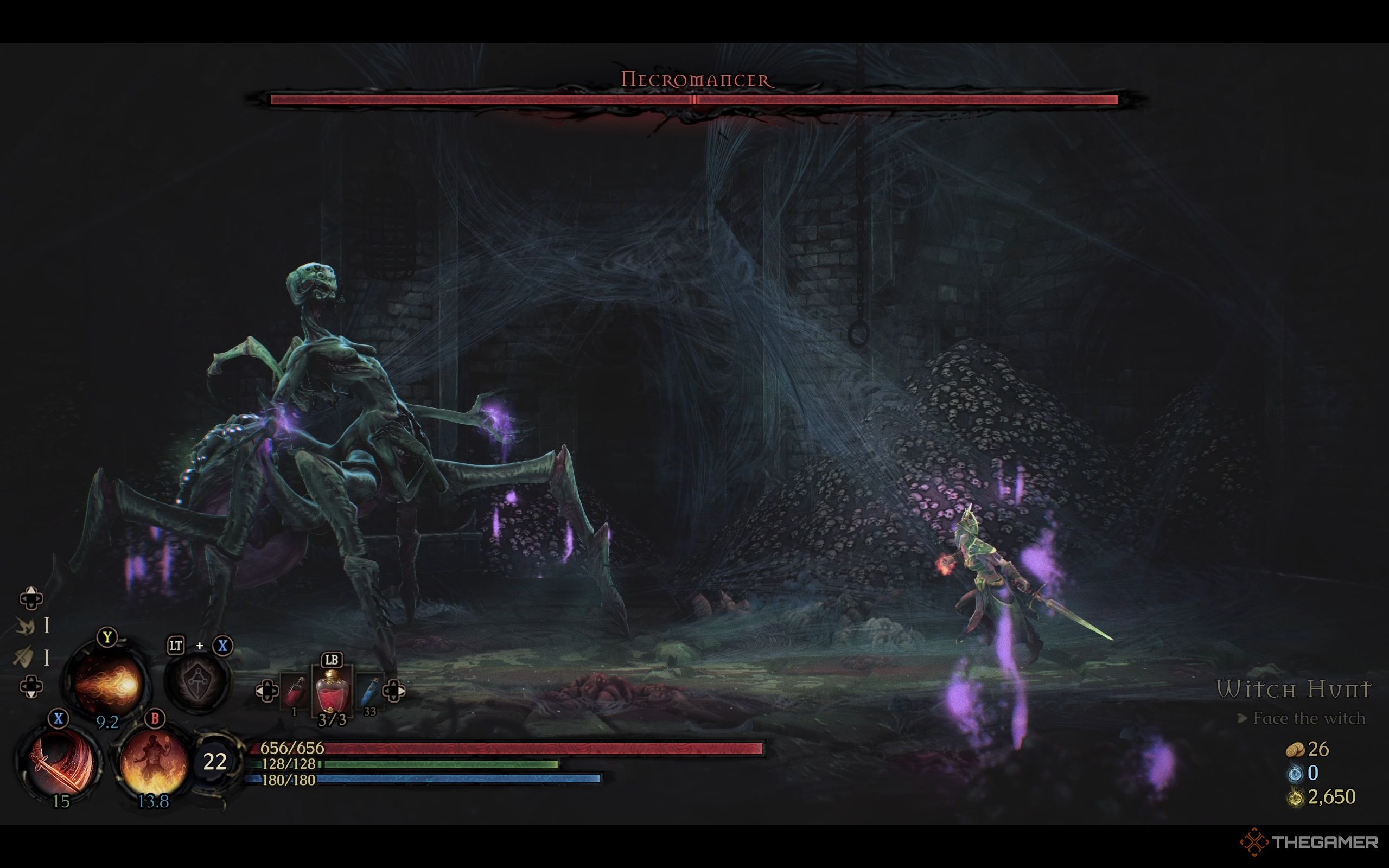 The player charges the necromancer in the mandragora.