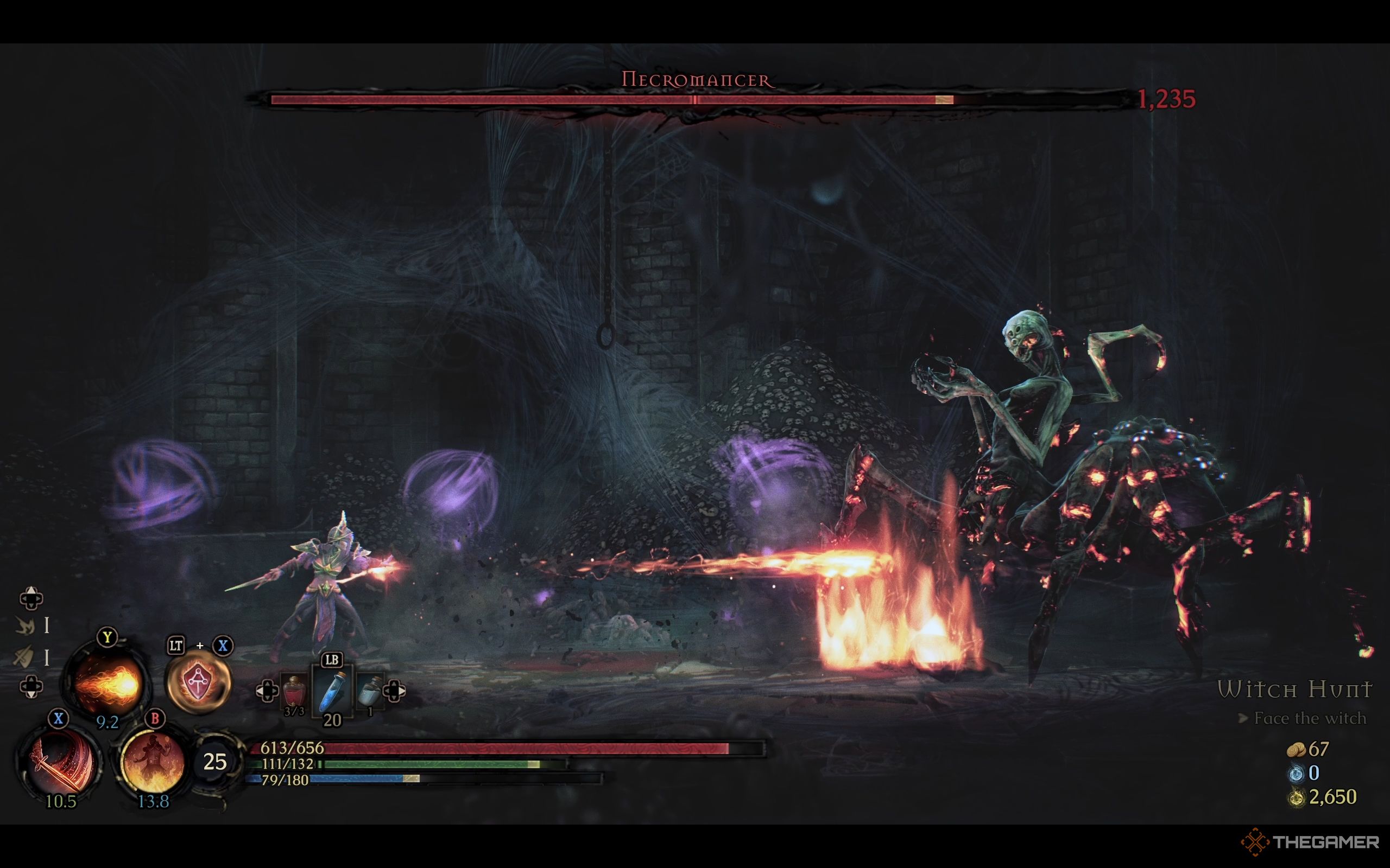 The player shoots at the fire in the necromancer in the mandragora.
