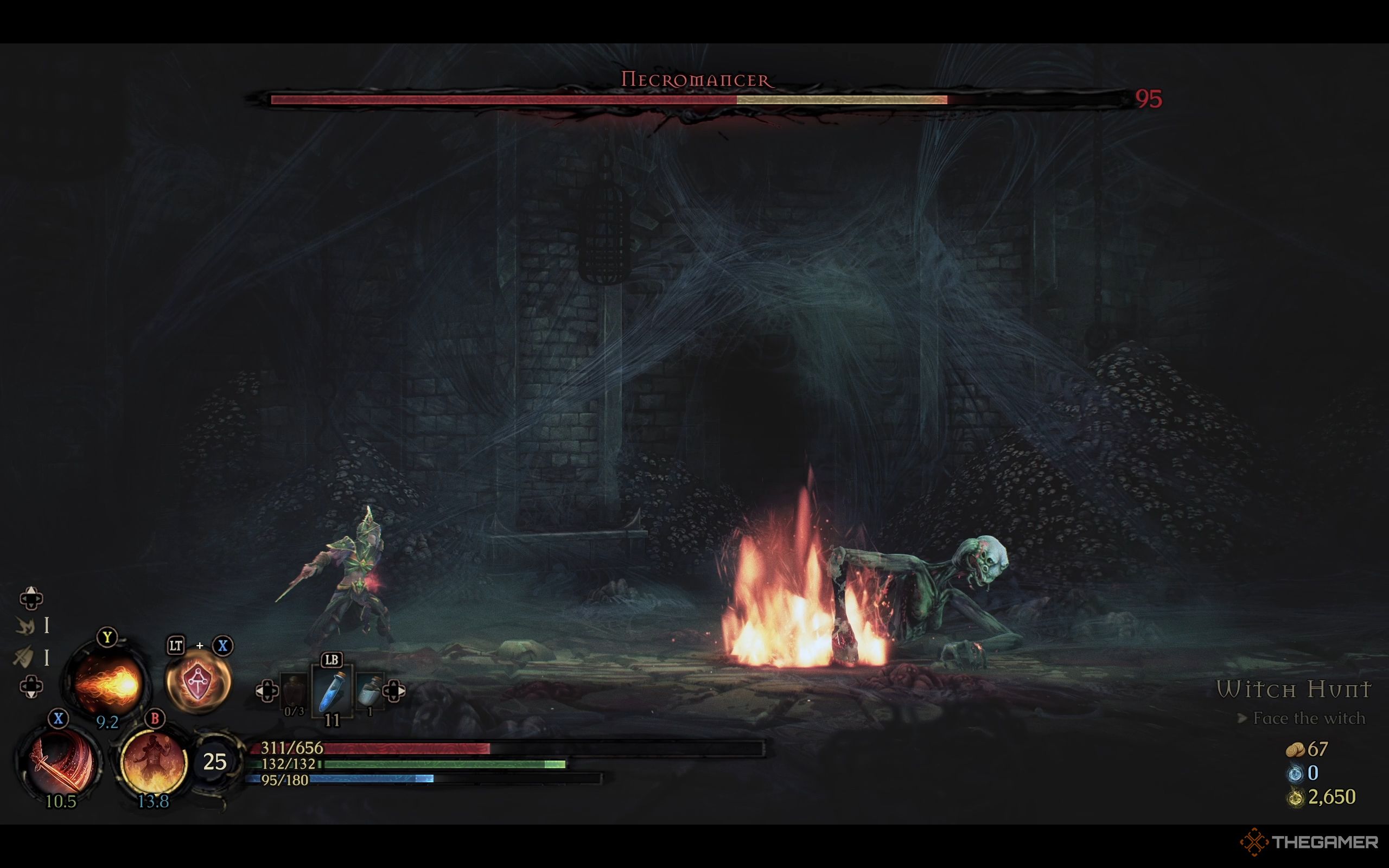 The upper body of the necromans crawls off the player in the mandragora.